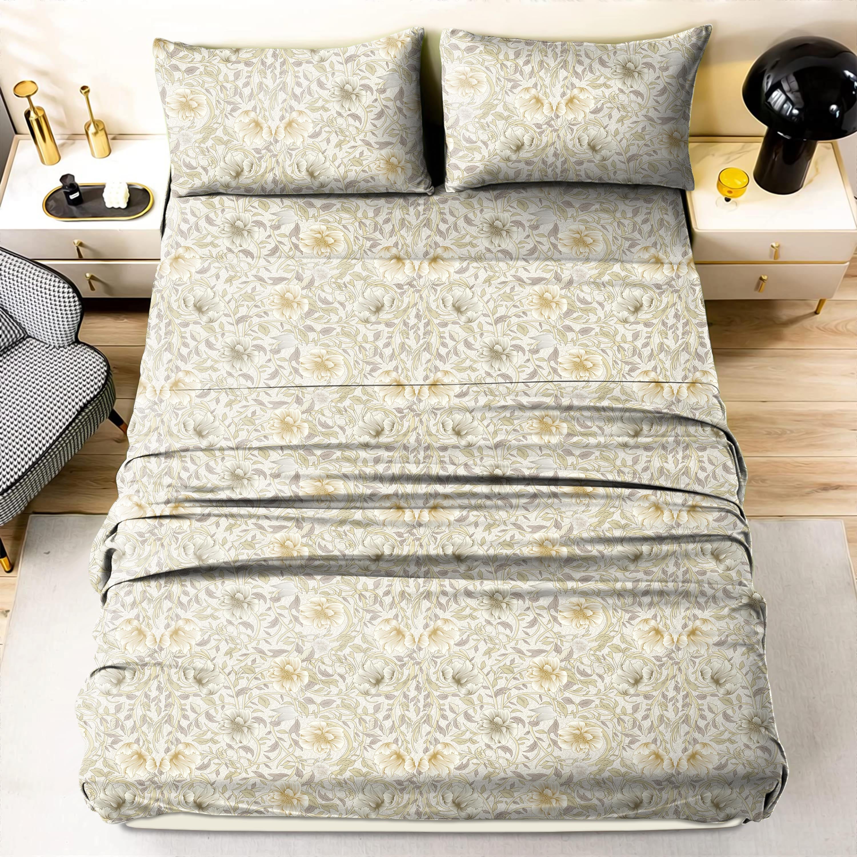 Heritage Cream Bedsheet for Double Bed with 2 PillowCovers King Size (104" X 90")