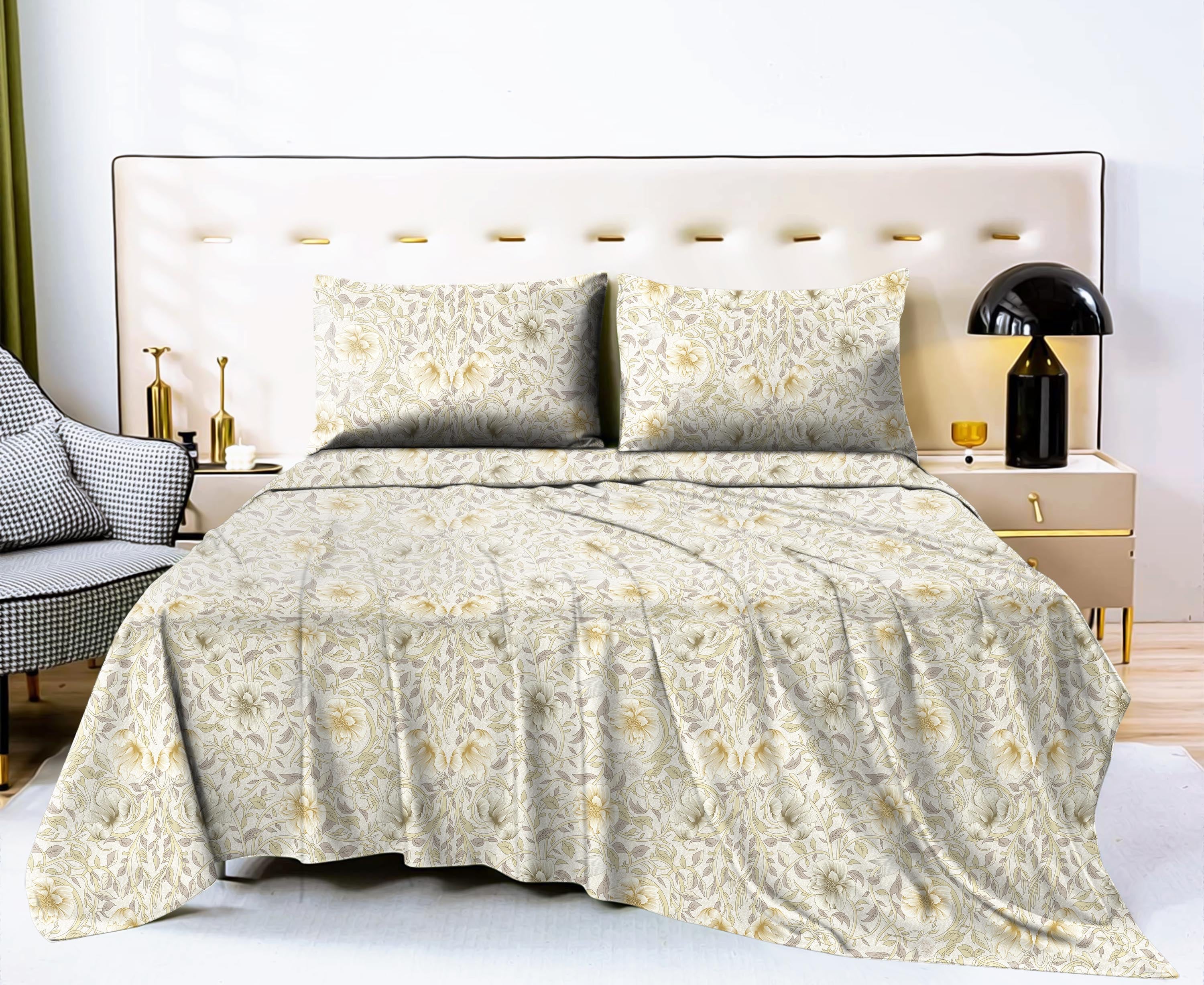 Heritage Cream Bedsheet for Double Bed with 2 PillowCovers King Size (104" X 90")