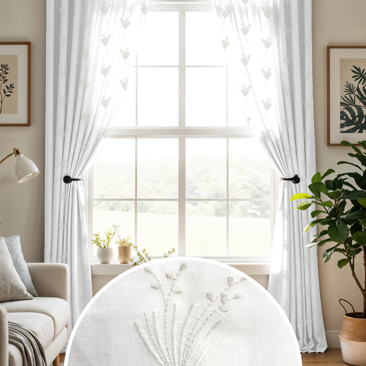 DAISY WHITE ROOM DARKENING EMBROIDERED SHEER CURTAIN