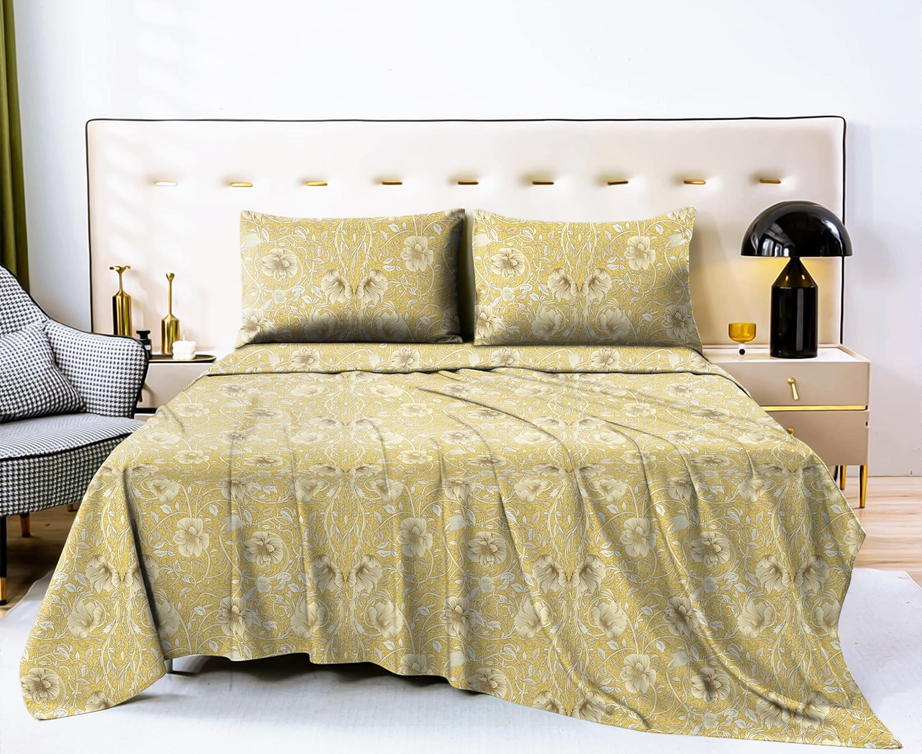 Heritage Mustard Bedsheet for Double Bed with 2 PillowCovers Size (104" X 90")