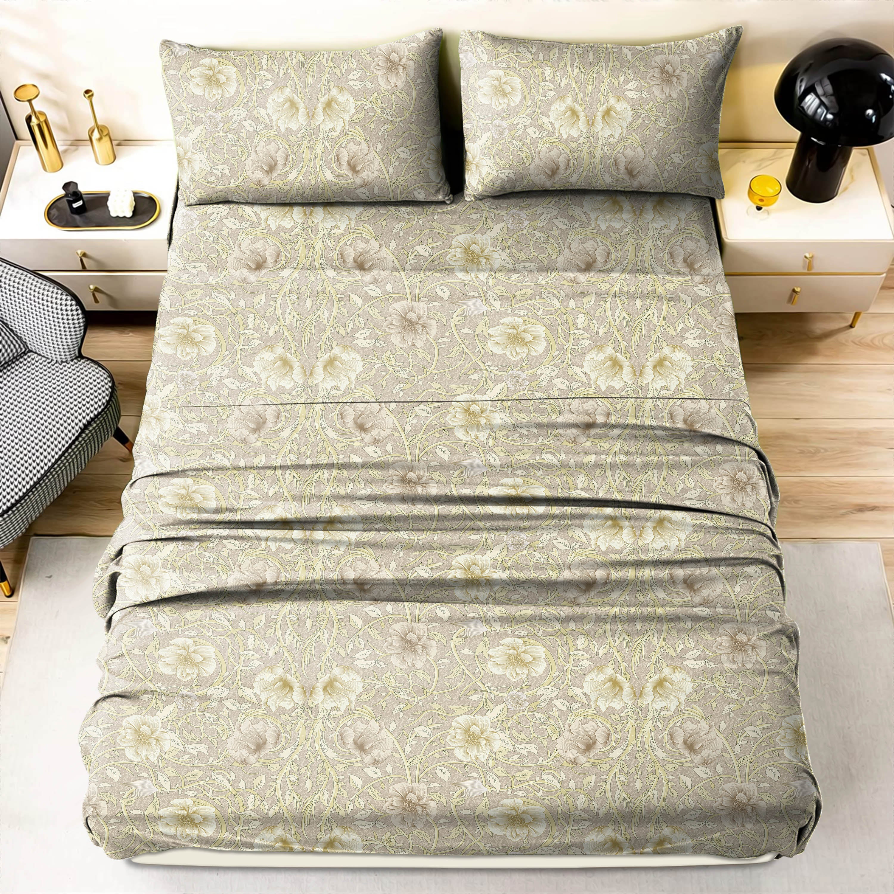 Heritage Beige Bedsheet for Double Bed with 2 PillowCovers Size (104" X 90")