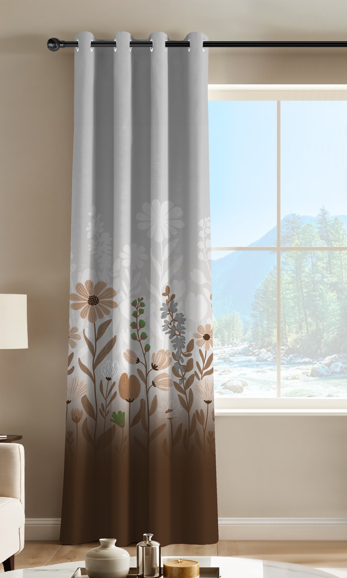 FLORA DEEP BROWN PRINTED ROOM DARKENING CURTAIN