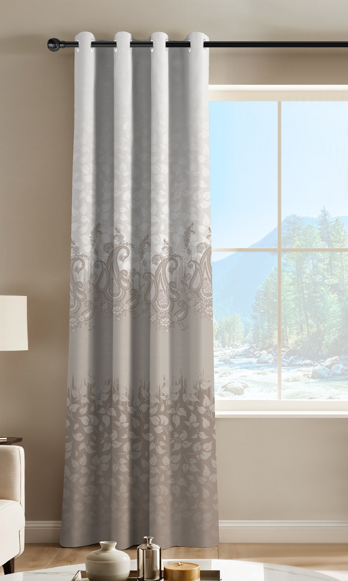 NAZAAKAT TAUPE PRINTED ROOM DARKENING CURTAIN