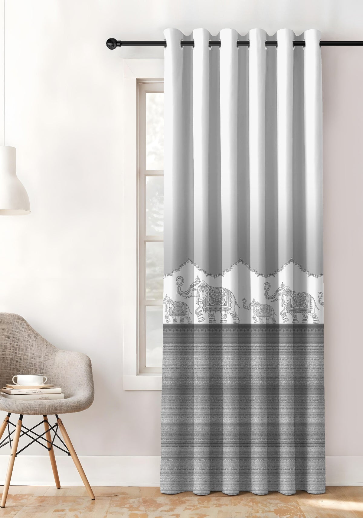 HERITAGE LIGHT GREY PRINTED ROOM DARKENING CURTAIN