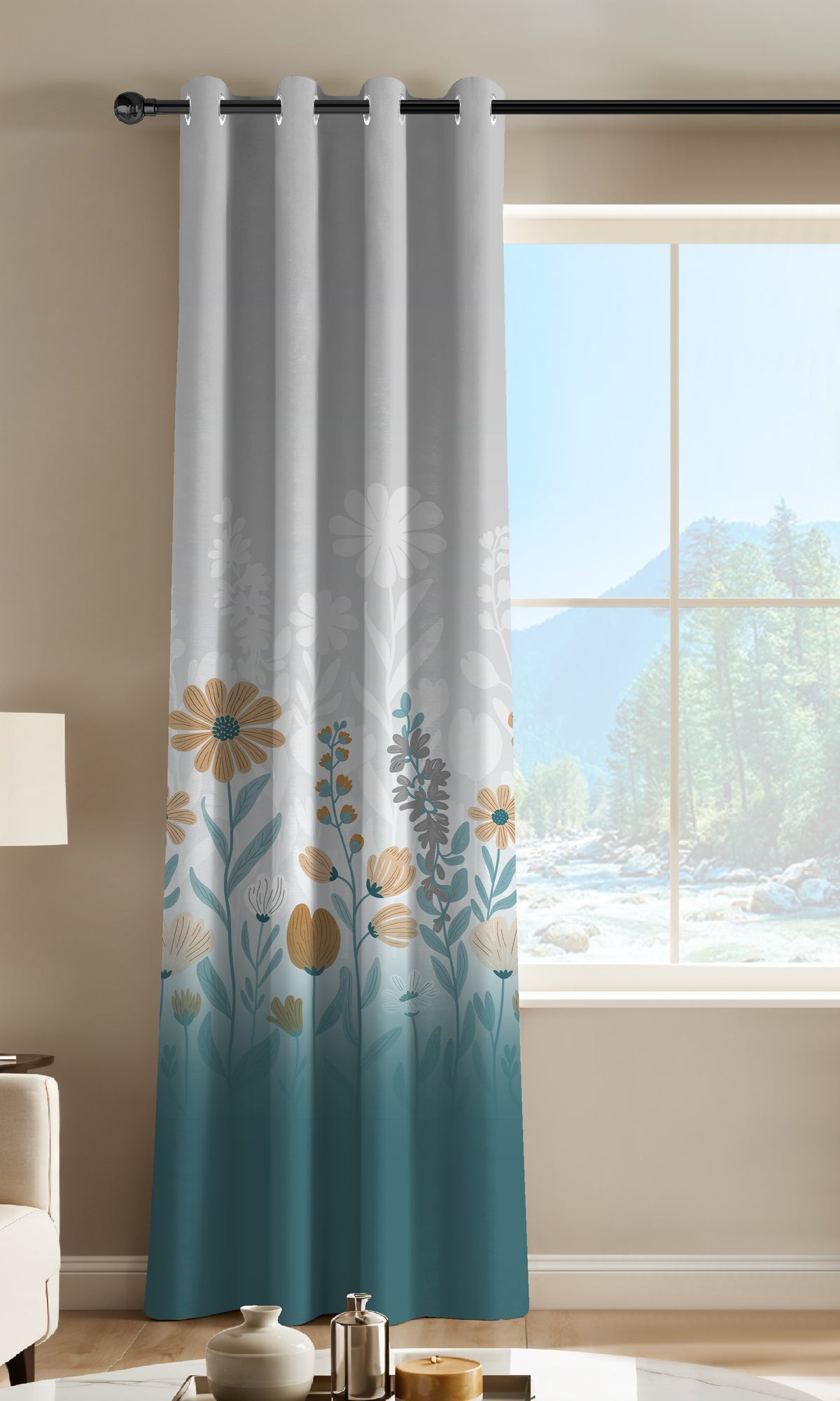 FLORA CADET BLUE PRINTED ROOM DARKENING CURTAIN