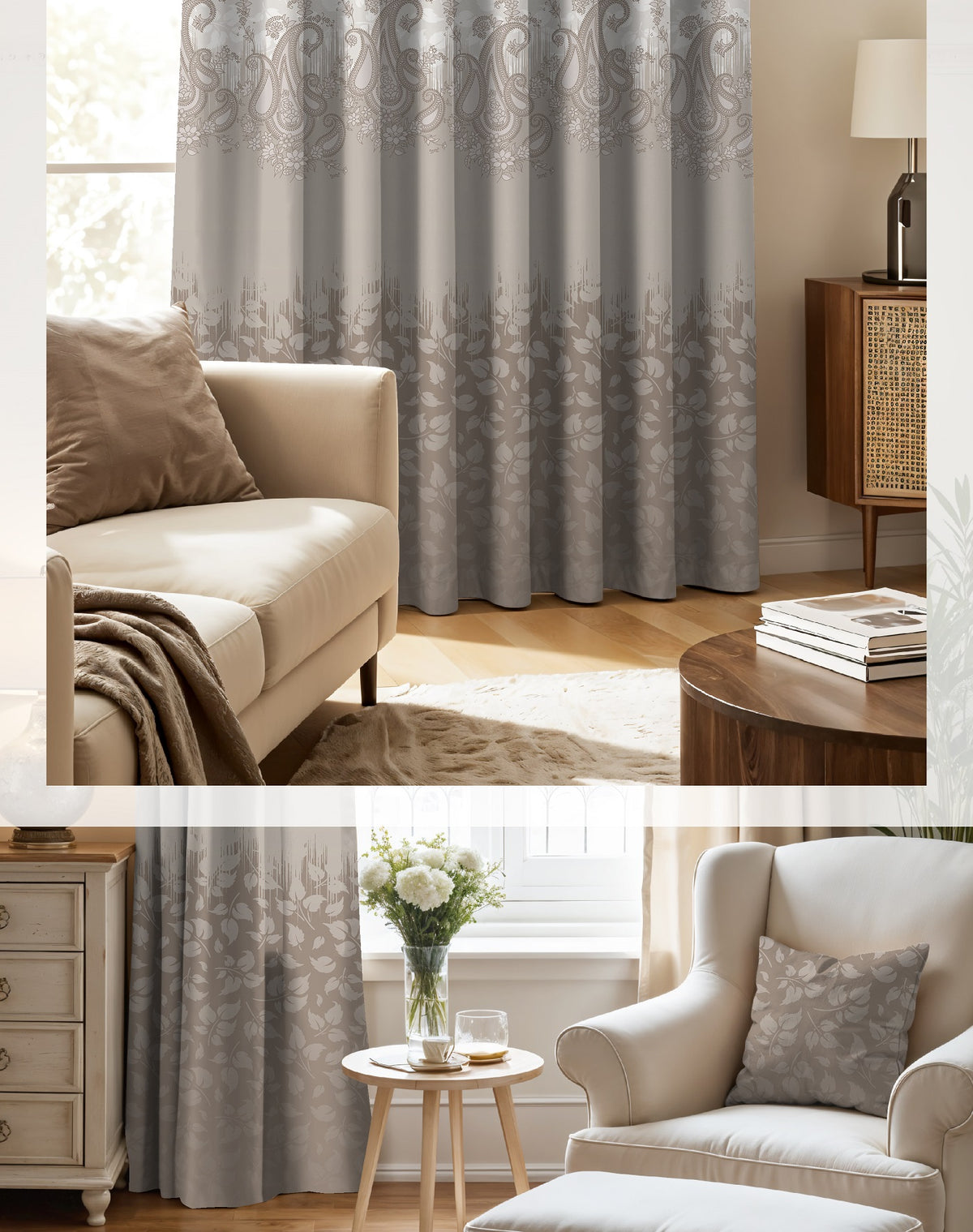 NAZAAKAT TAUPE PRINTED ROOM DARKENING CURTAIN