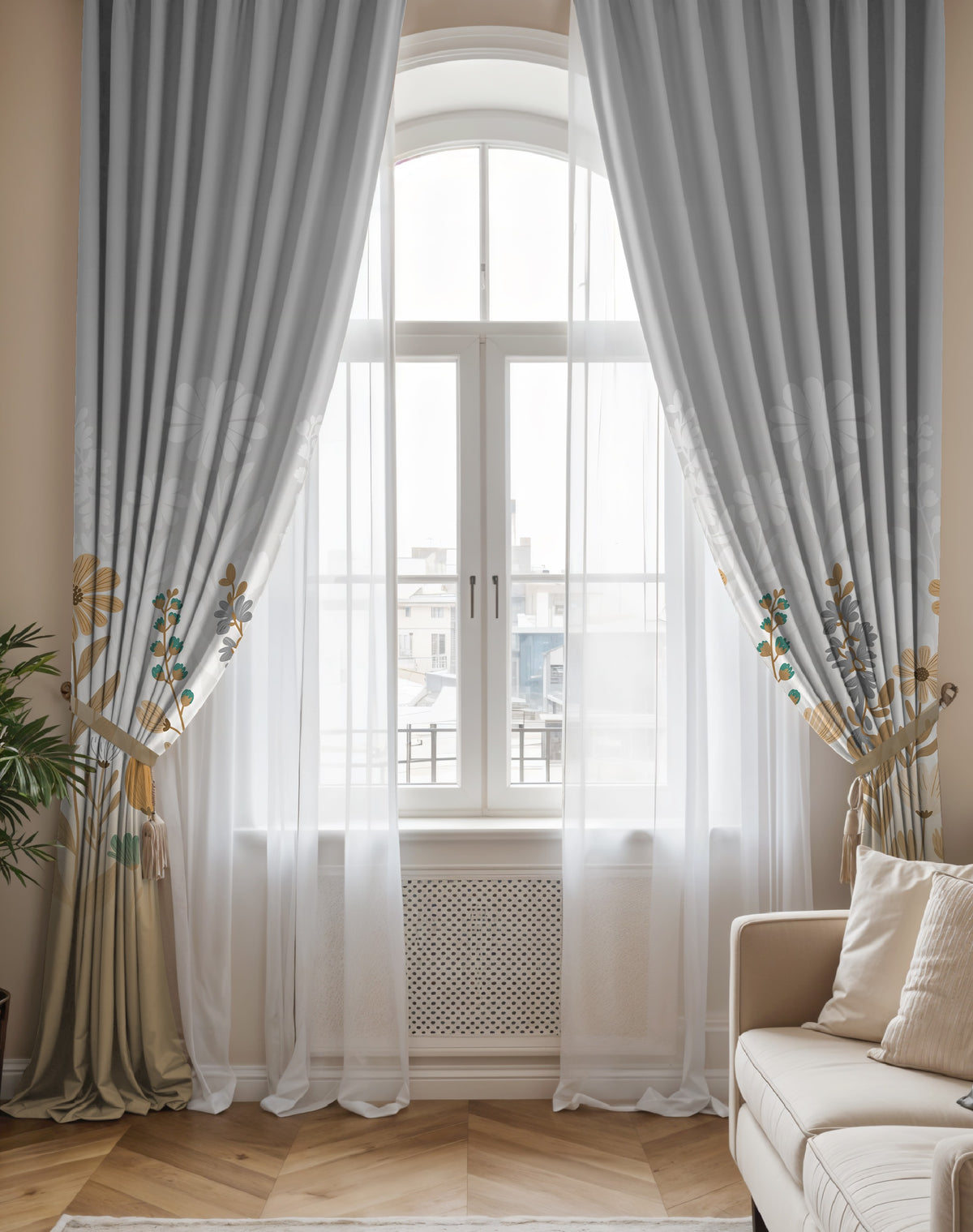 FLORA NATURAL BEIGE PRINTED ROOM DARKENING CURTAIN