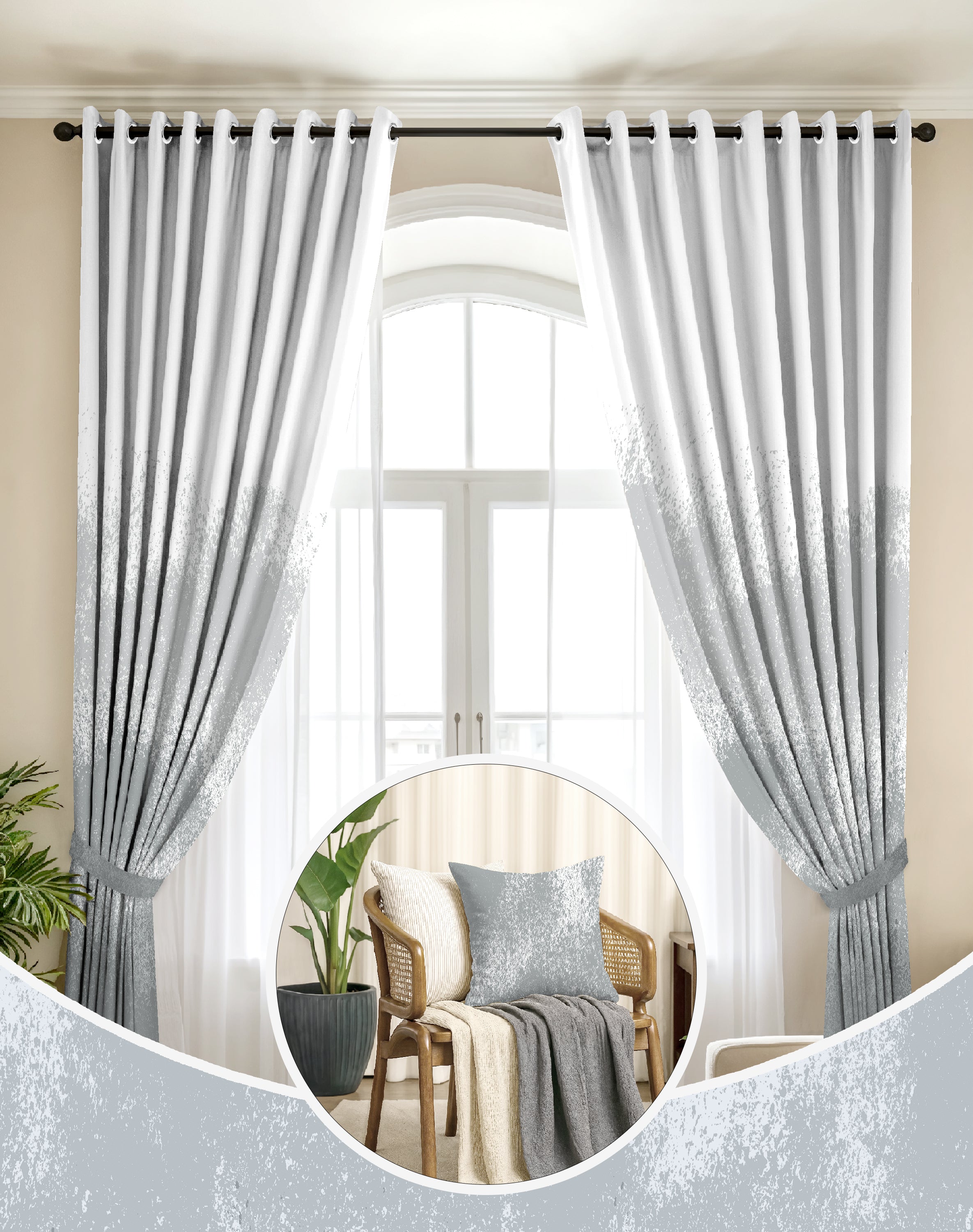 AUREX COOL GREY PRINTED ROOM DARKENING CURTAIN