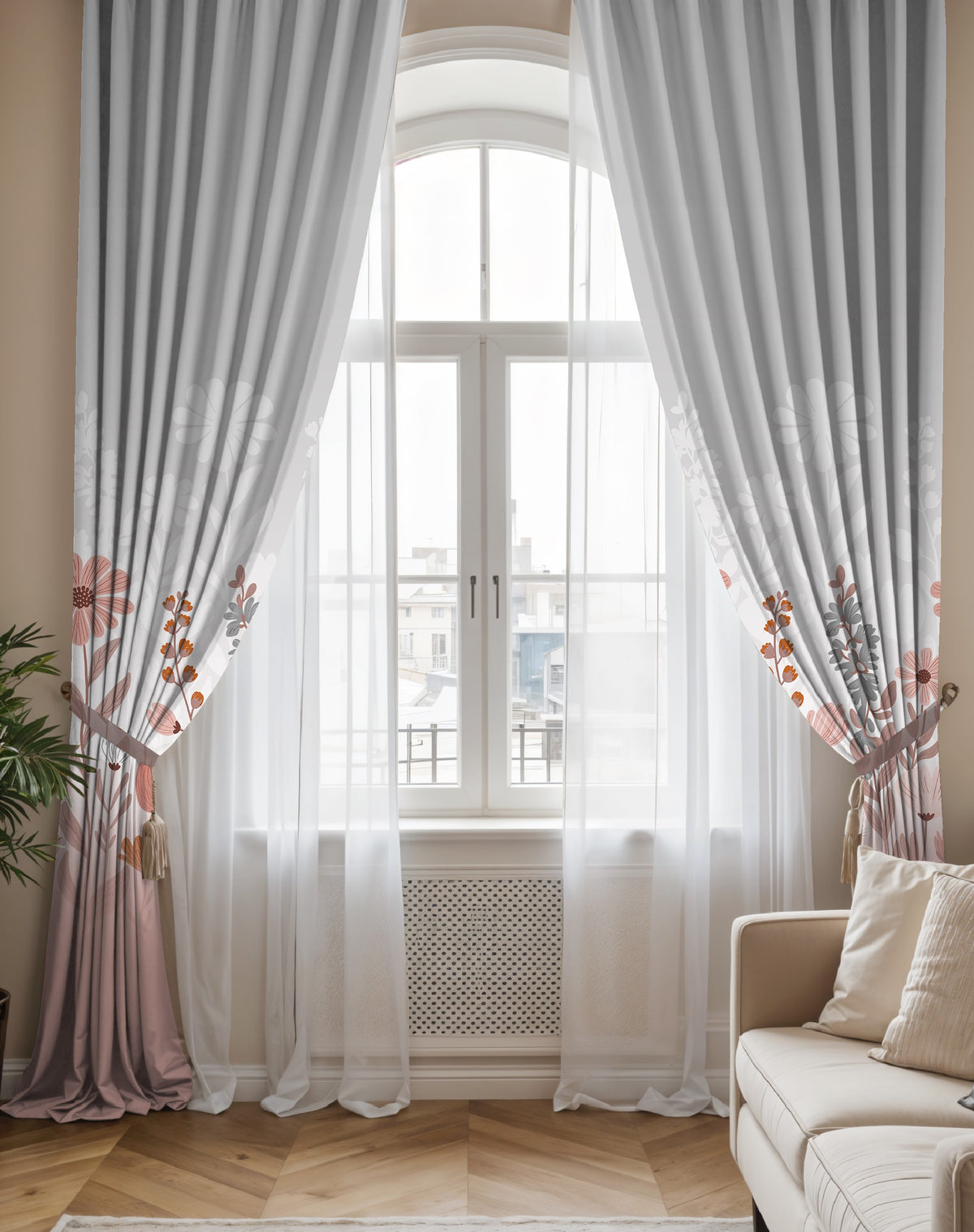 FLORA ROSE BEIGE PRINTED ROOM DARKENING CURTAIN