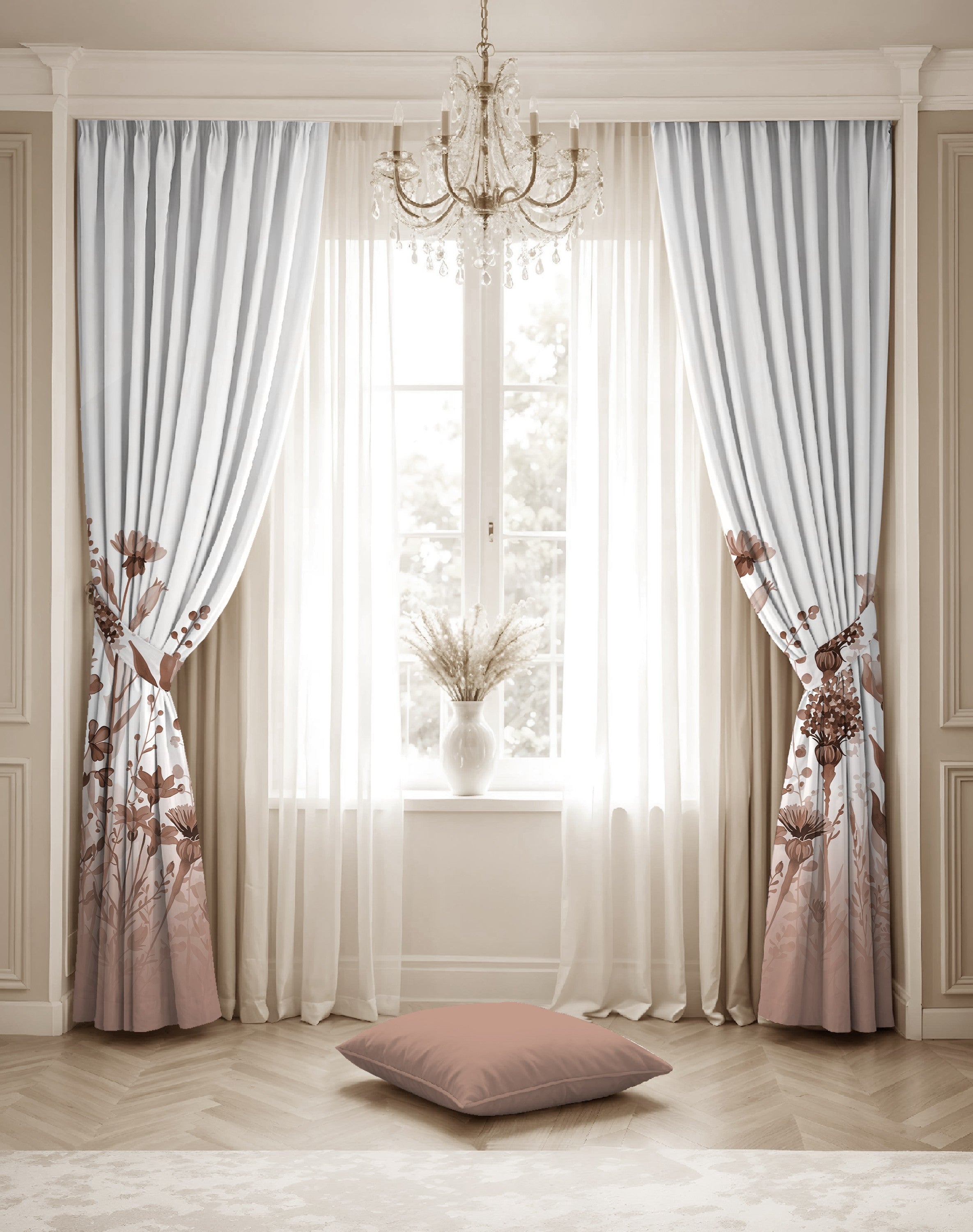 BLOSSOM ROSE BEIGE PRINTED ROOM DARKENING CURTAIN