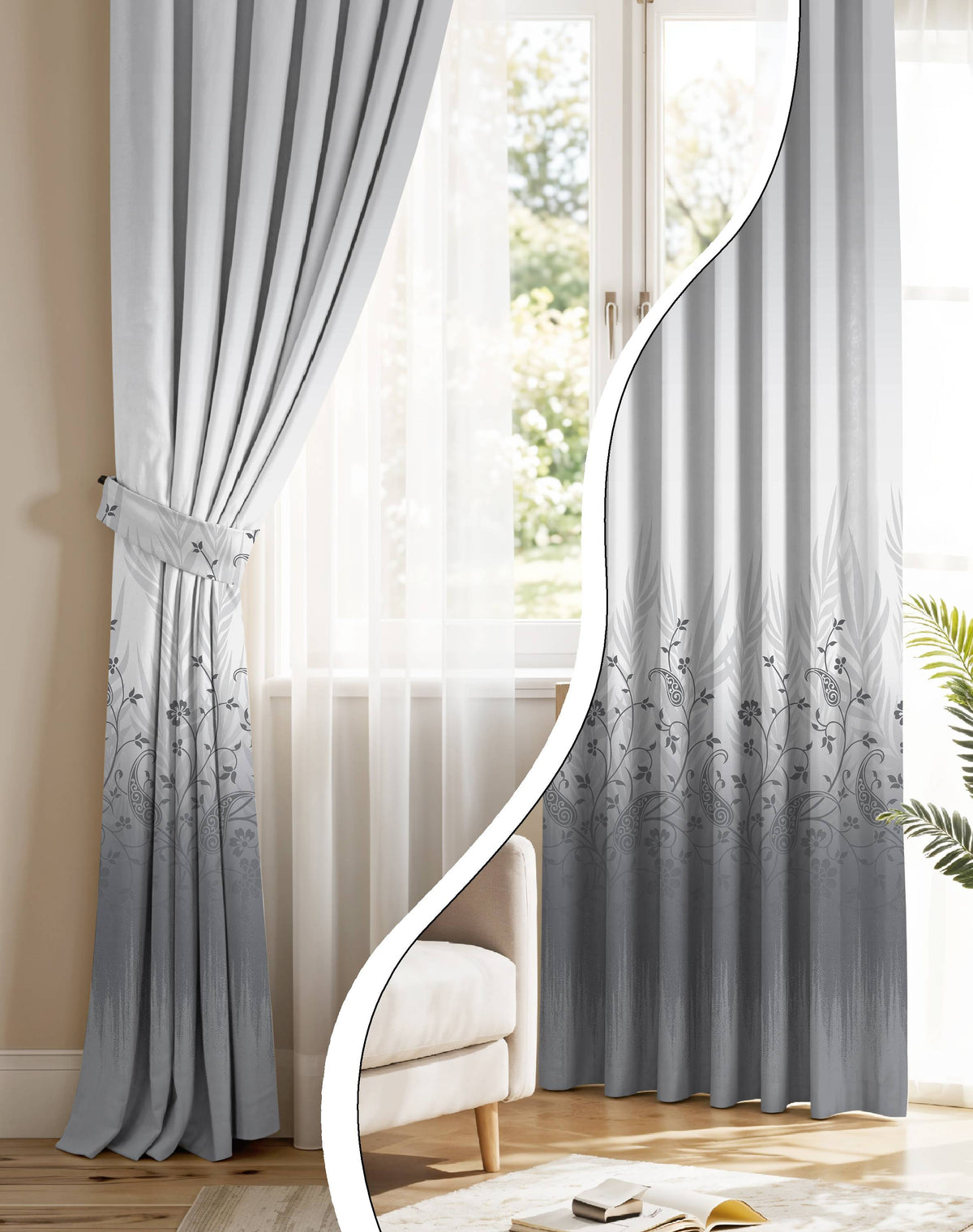 VINTORA GREY PRINTED ROOM DARKENING CURTAIN