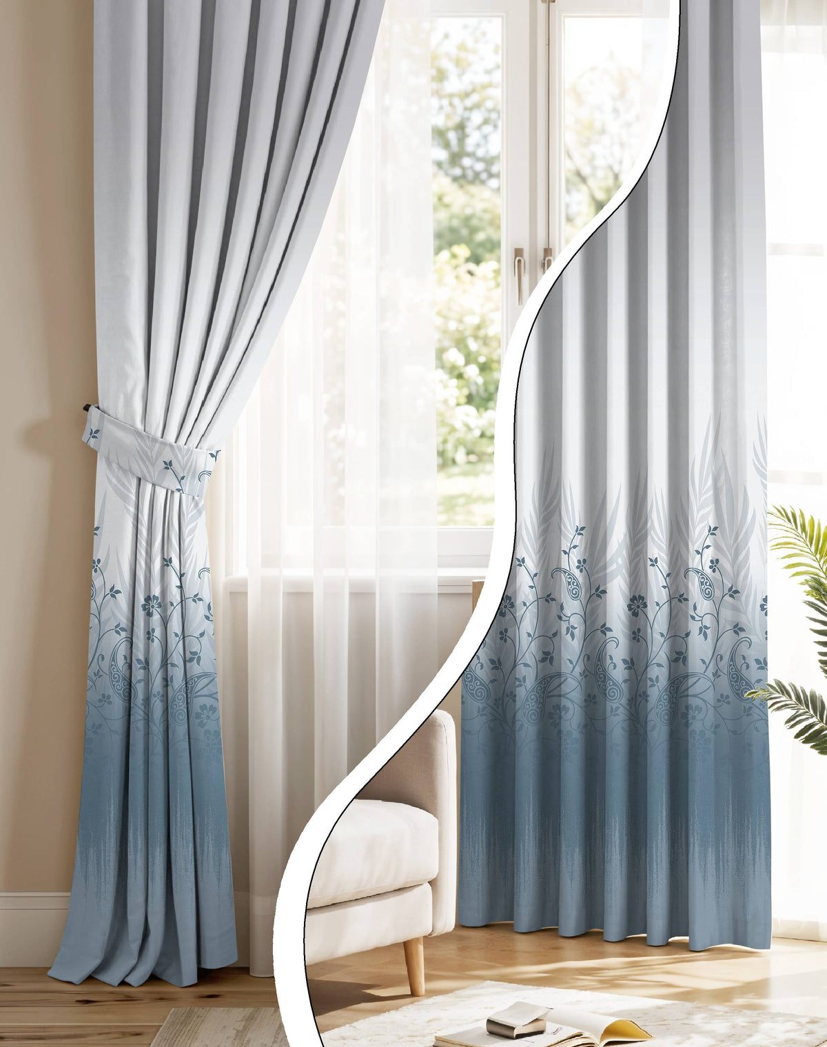 VINTORA STEEL BLUE PRINTED ROOM DARKENING CURTAIN