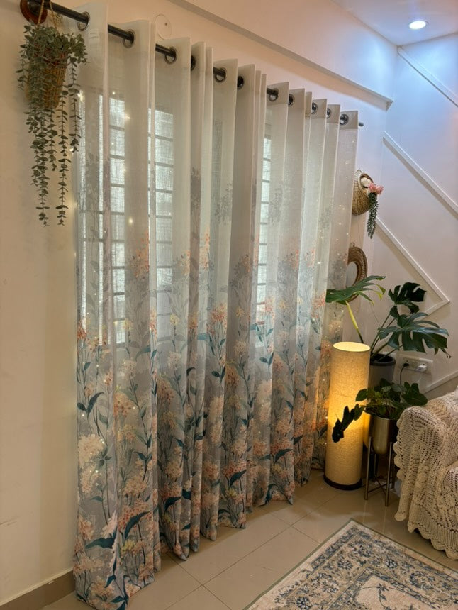 TROPICAL PINK LINEN PRINTED SHEER CURTAIN