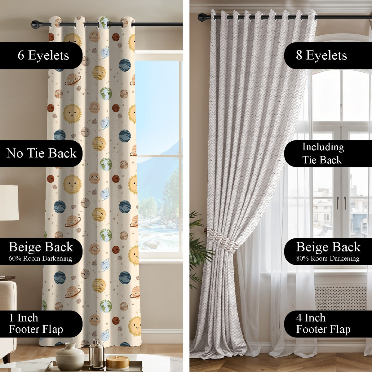LINARA IVORY PRINTED ROOM DARKENING CURTAIN