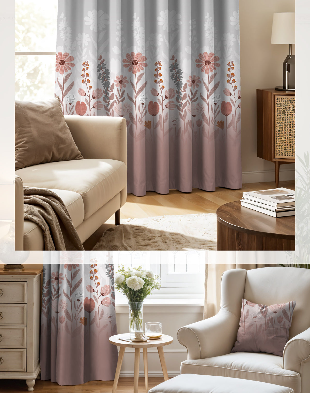 FLORA ROSE BEIGE PRINTED ROOM DARKENING CURTAIN