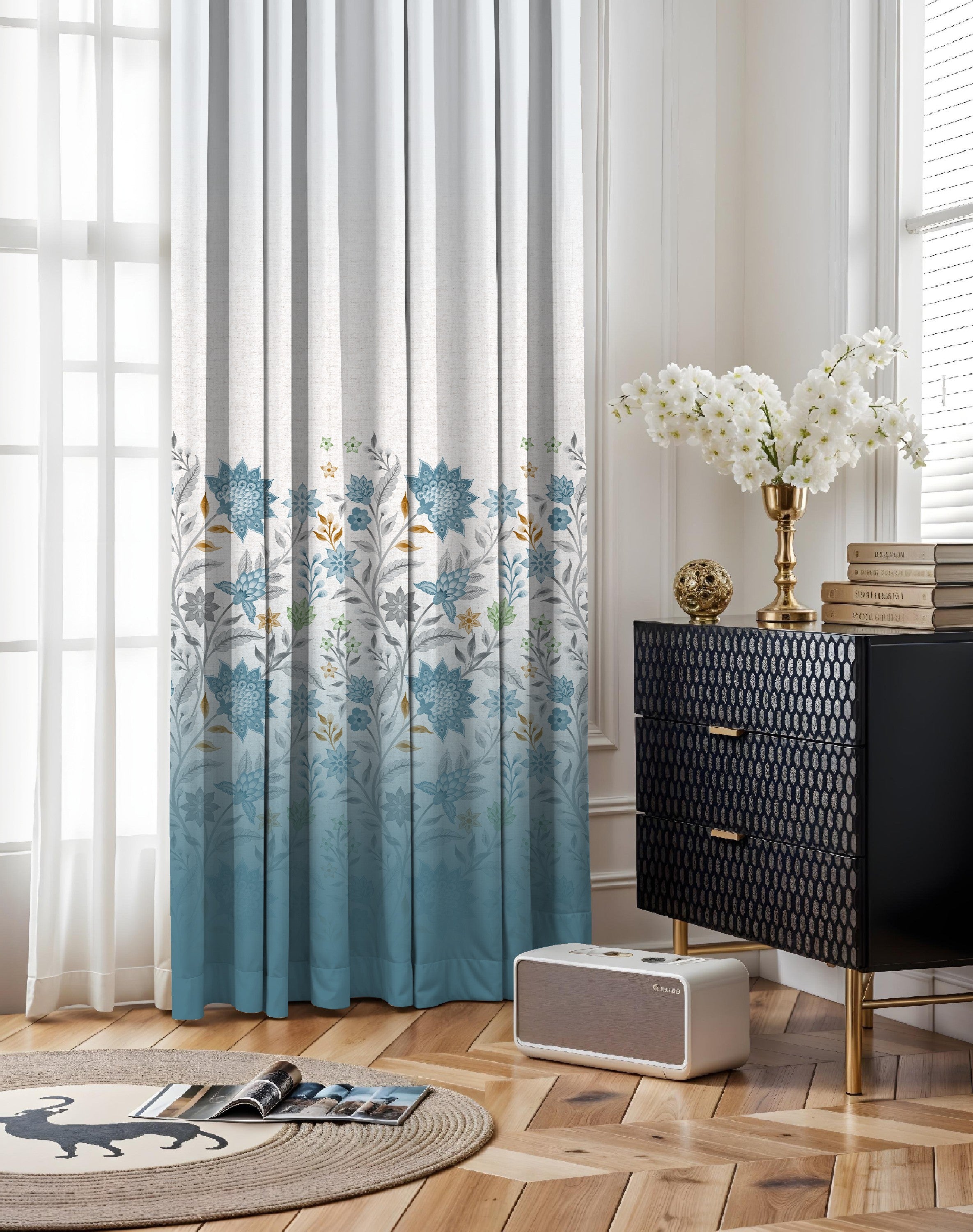 MAGNOLIA DUSTY CYAN PRINTED ROOM DARKENING CURTAIN