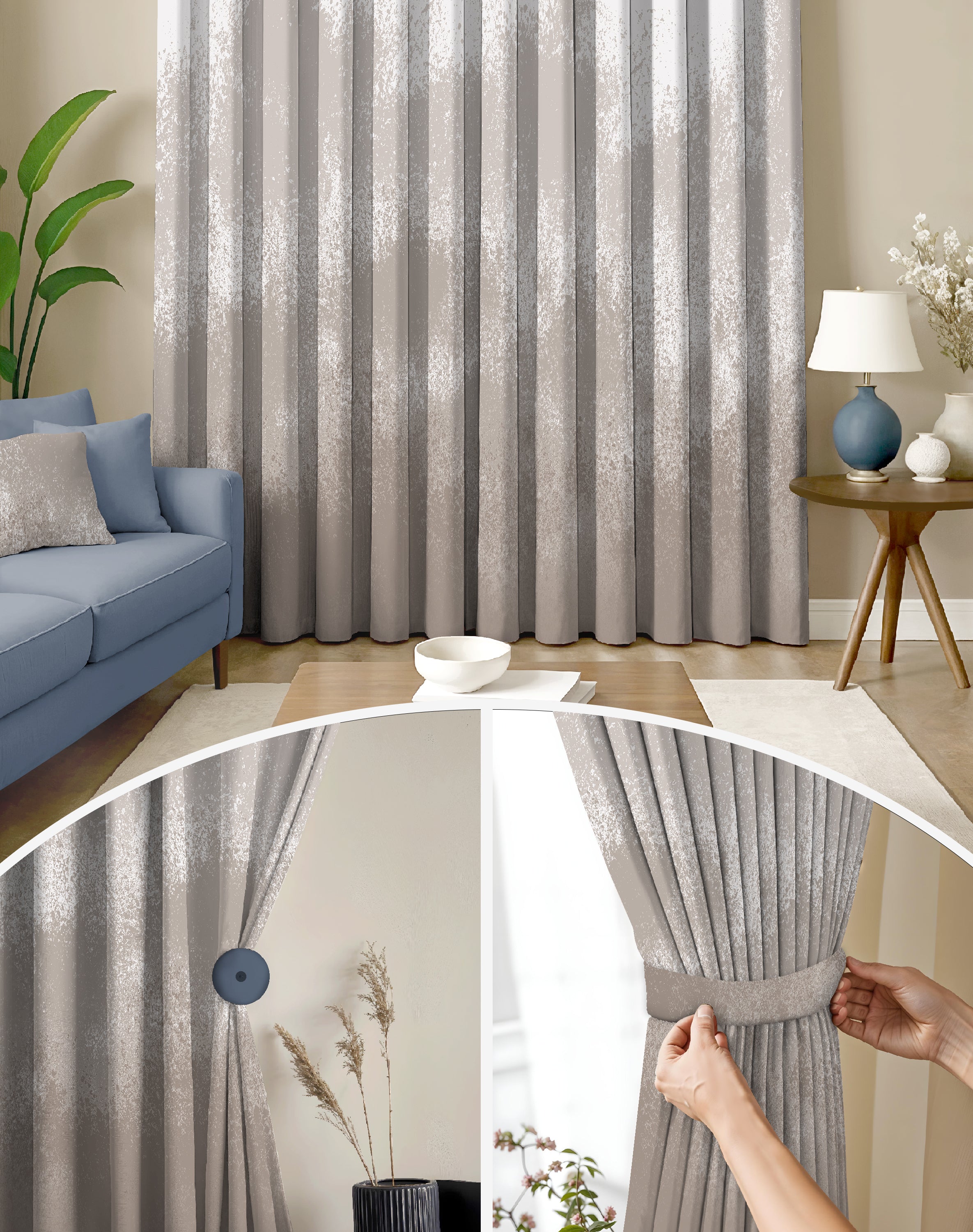 AUREX WARM GREY PRINTED ROOM DARKENING CURTAIN