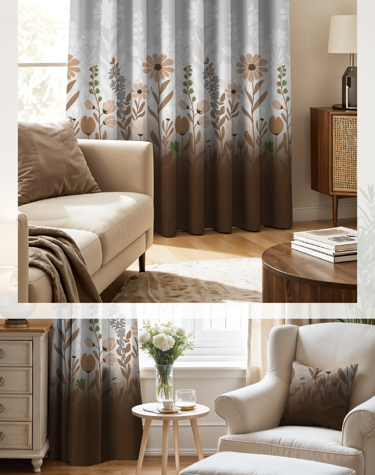 FLORA DEEP BROWN PRINTED ROOM DARKENING CURTAIN