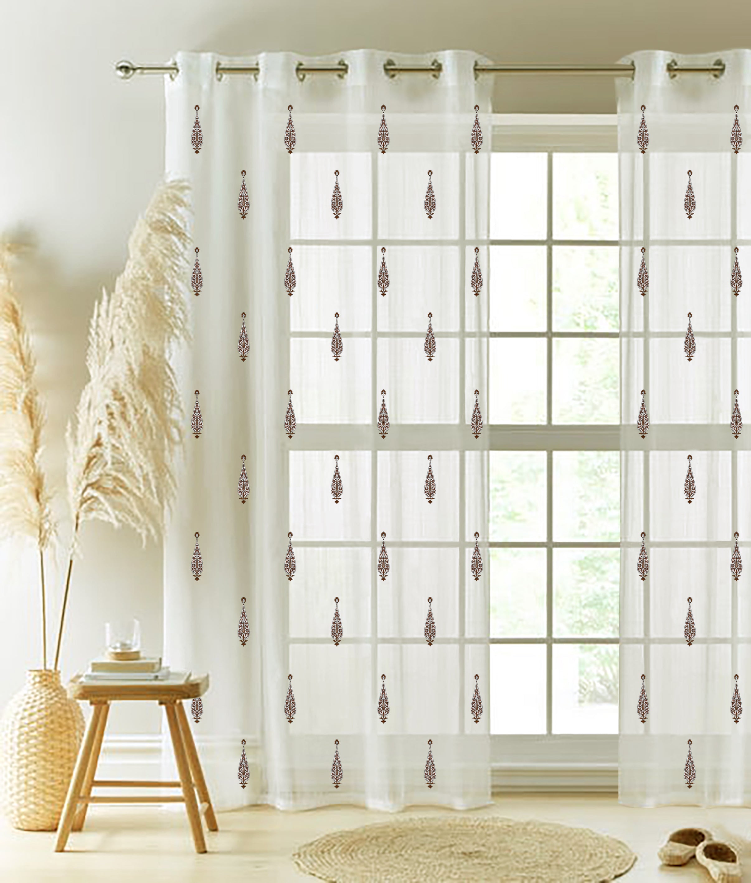 SEVILLE WHITE & BROWN PRINTED SHEER CURTAIN