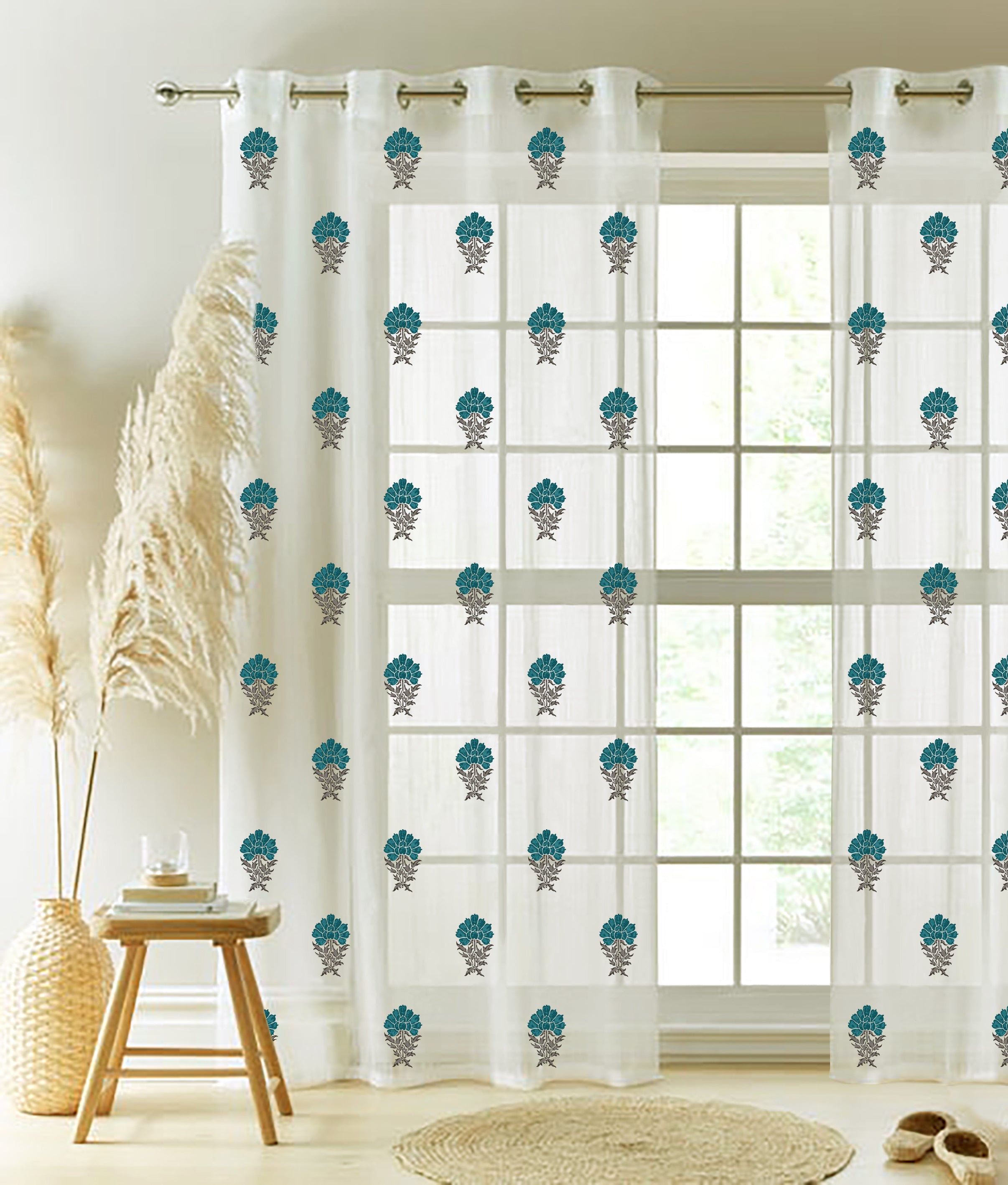 OAK TEAL PRINTED SHEER CURTAIN