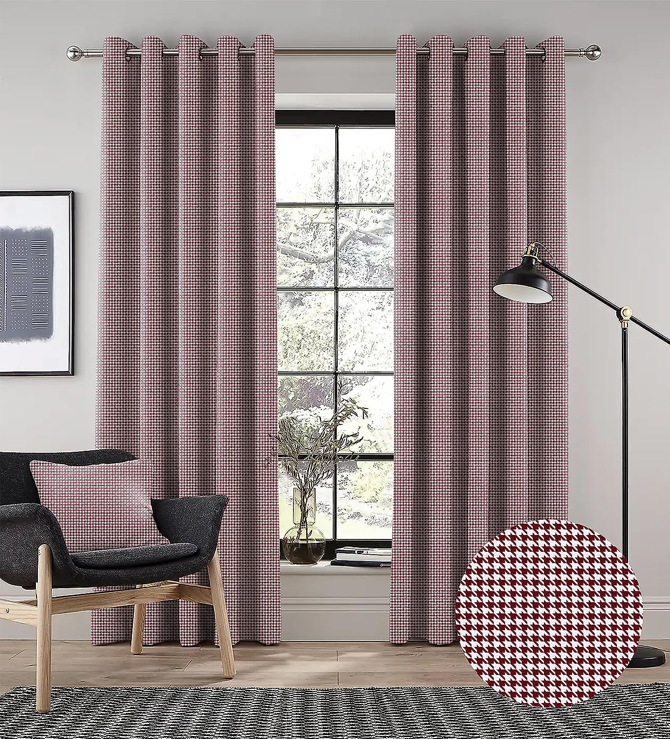 HOUNDSTOOTH MAROON PRINTED BLACKOUT CURTAIN