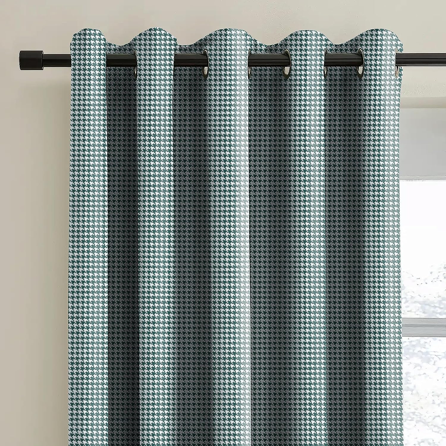 HOUNDSTOOTH DARK SEA GREEN PRINTED BLACKOUT CURTAIN