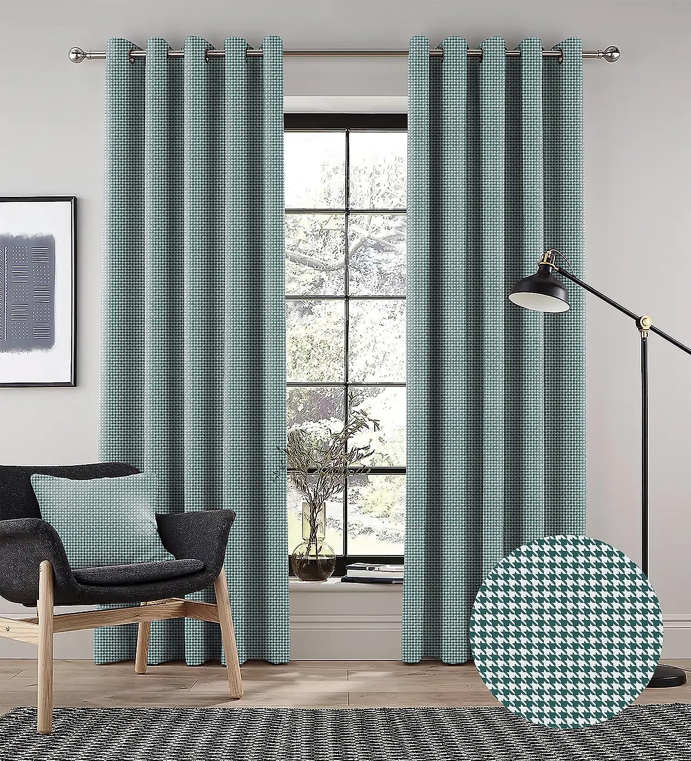 HOUNDSTOOTH DARK SEA GREEN PRINTED BLACKOUT CURTAIN
