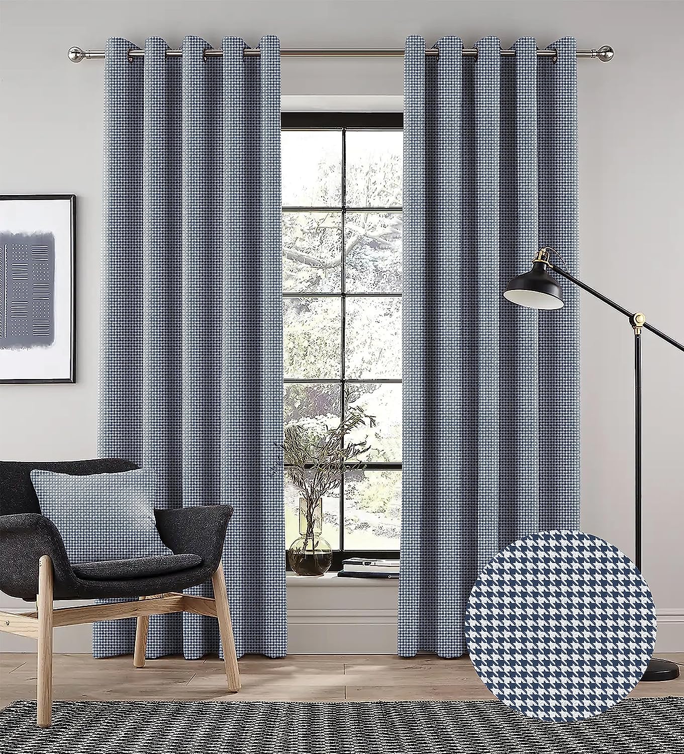 HOUNDSTOOTH BLUE PRINTED BLACKOUT CURTAIN