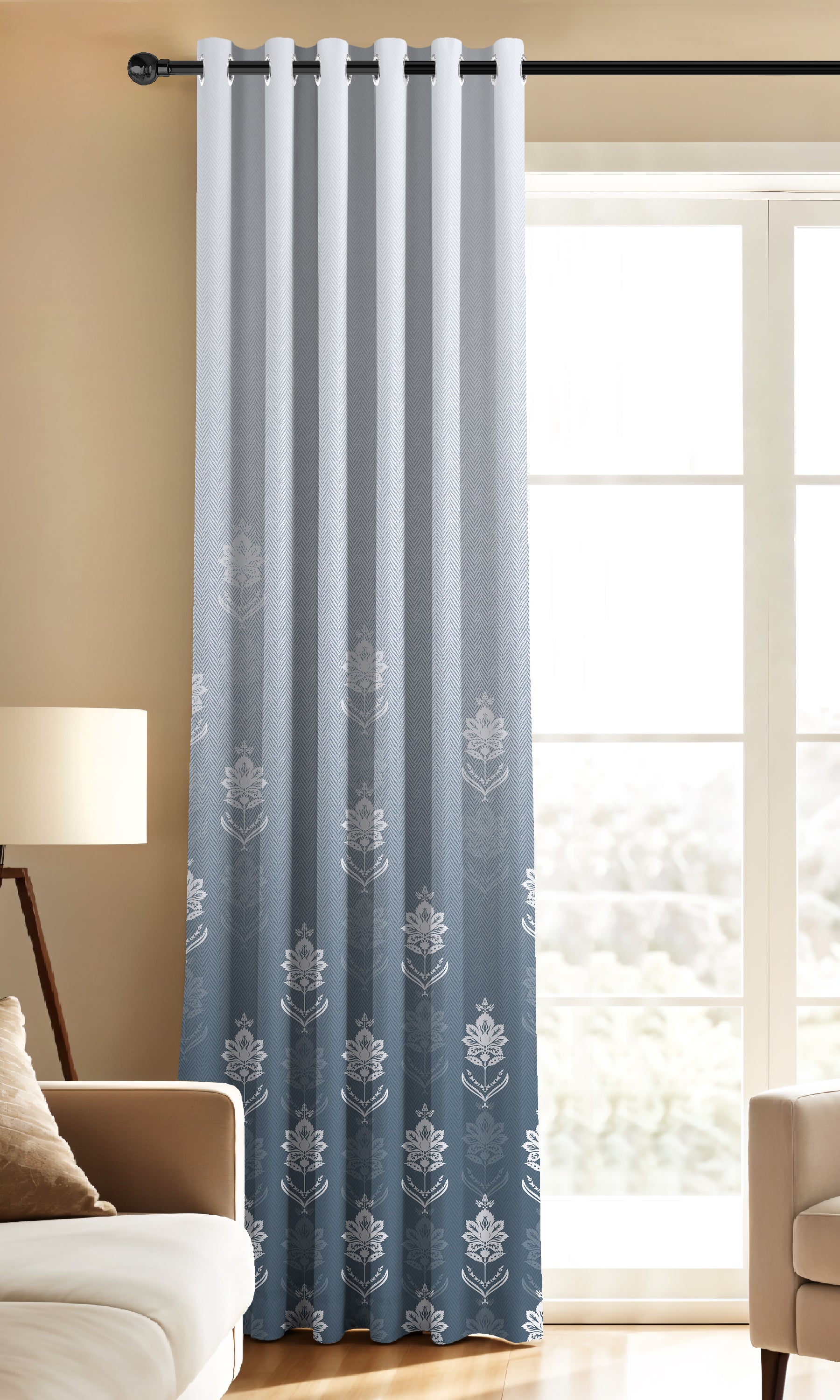 NAYRA STEEL BLUE PRINTED ROOM DARKENING CURTAIN