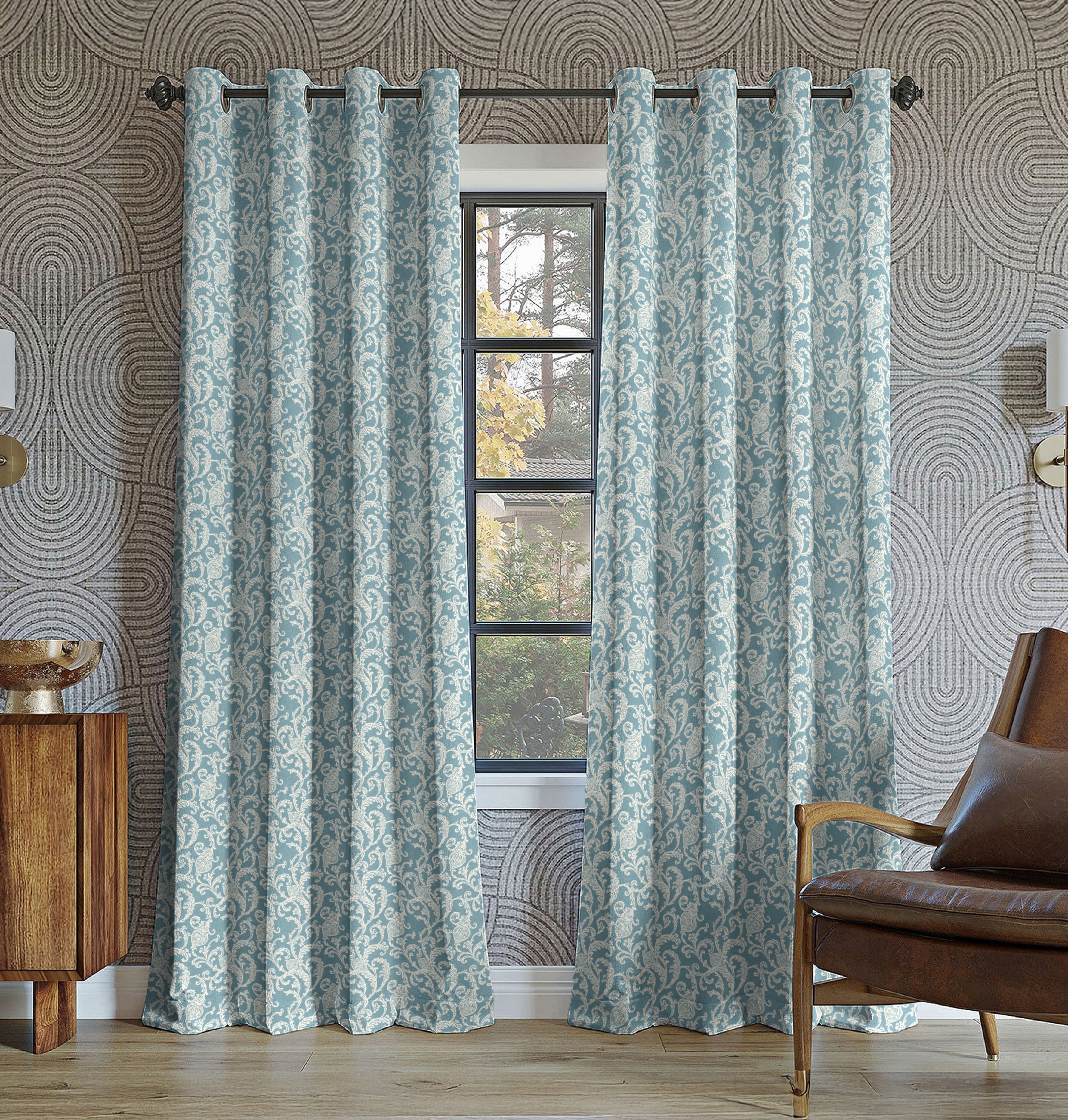 KOCHIN MATTY TEAL PRINTED ROOM DARKENER/100% BLACKOUT CURTAIN