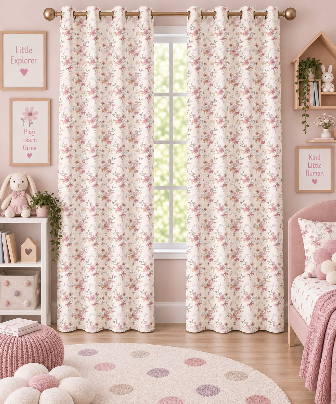 Flowers Pink Printed Curtain