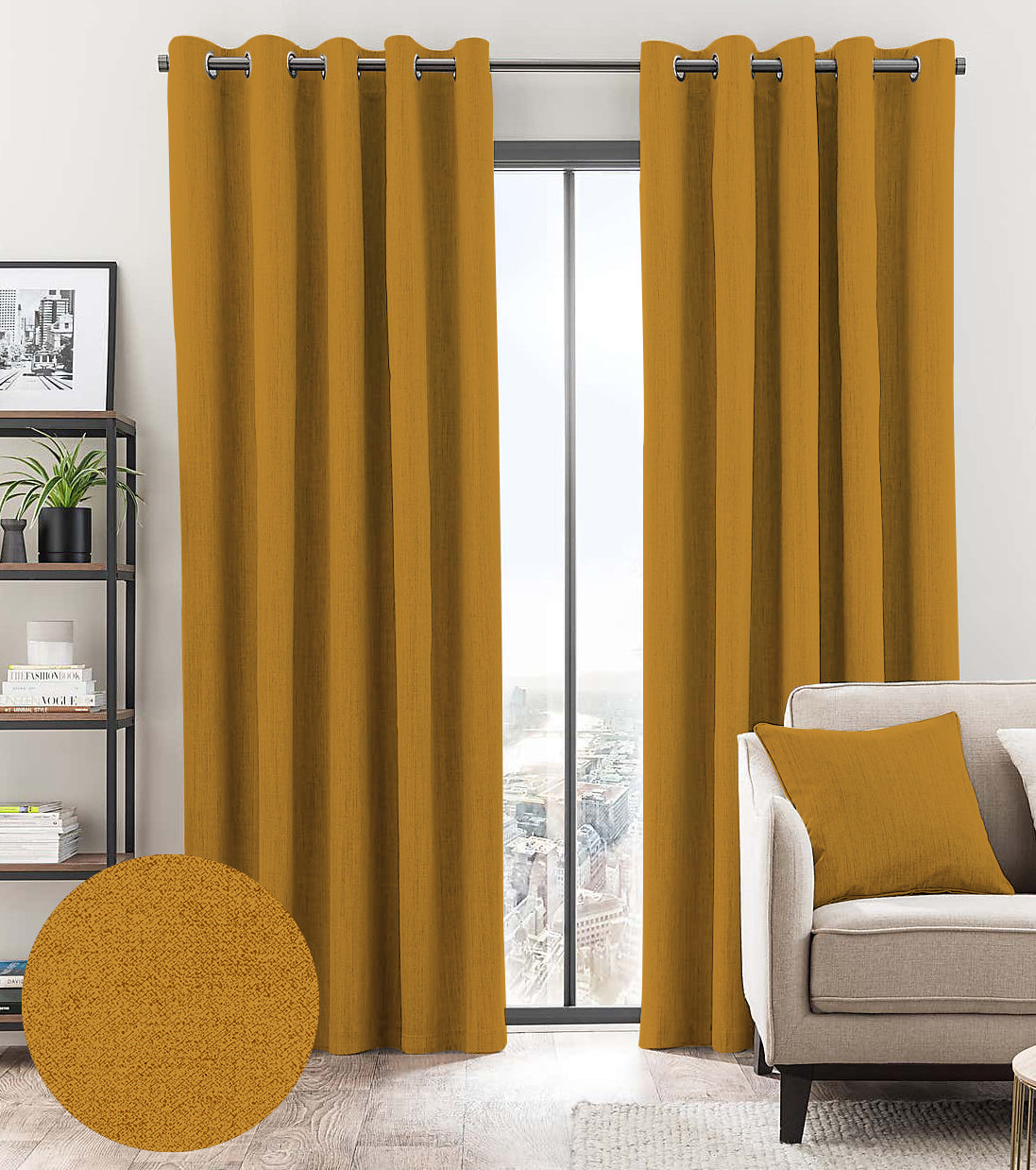 BROOKE DARK PRINTED MUSTARD BLACKOUT CURTAINS