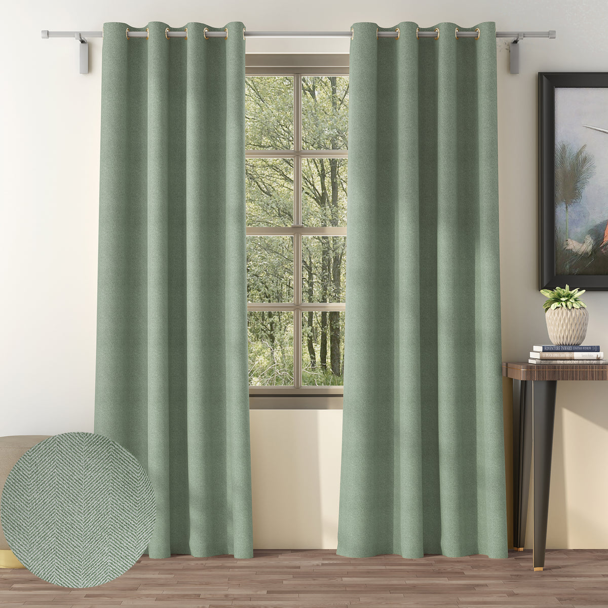 HERRINGBONE SEA GREEN PRINTED BLACKOUT CURTAINS
