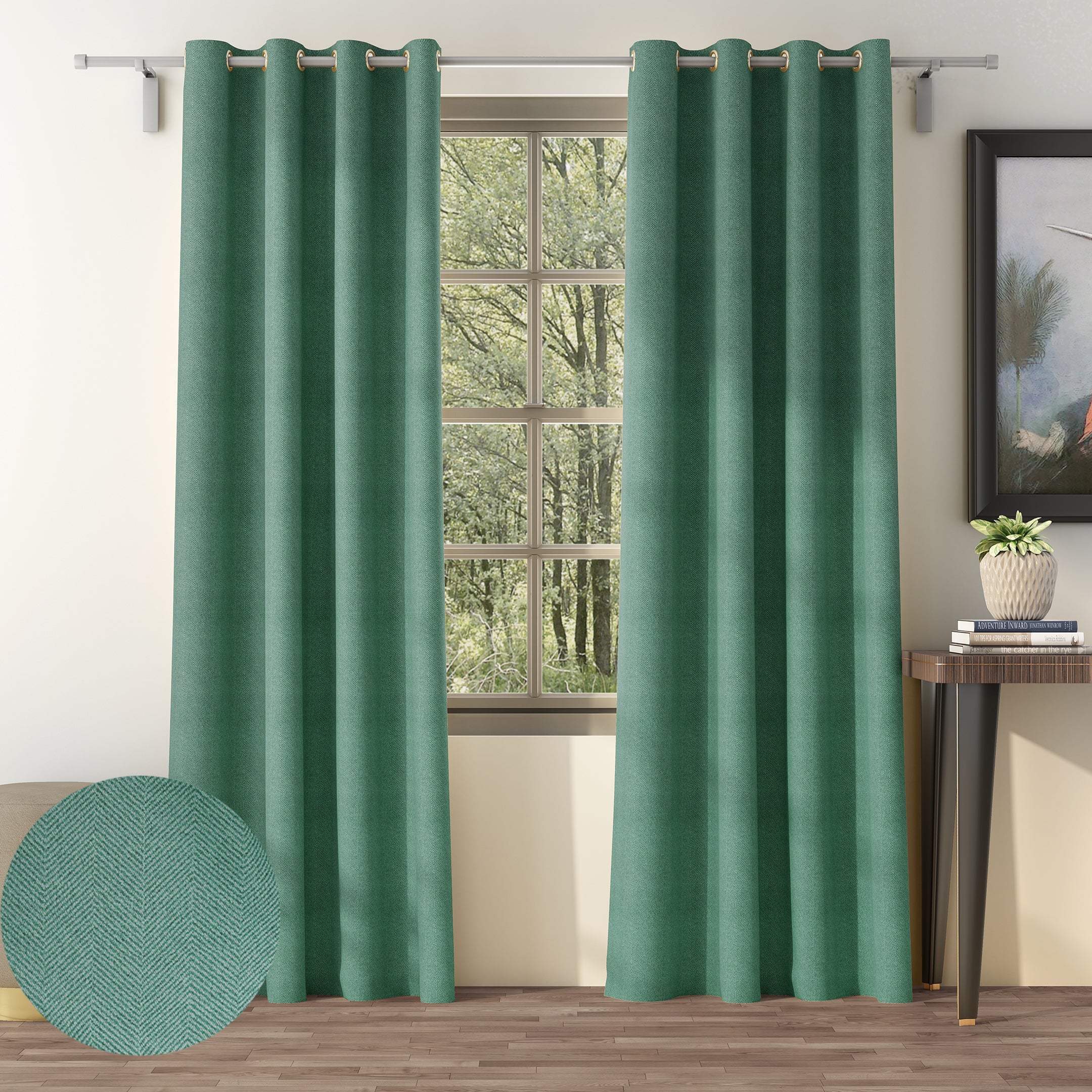 HERRINGBONE TEAL PRINTED BLACKOUT CURTAIN
