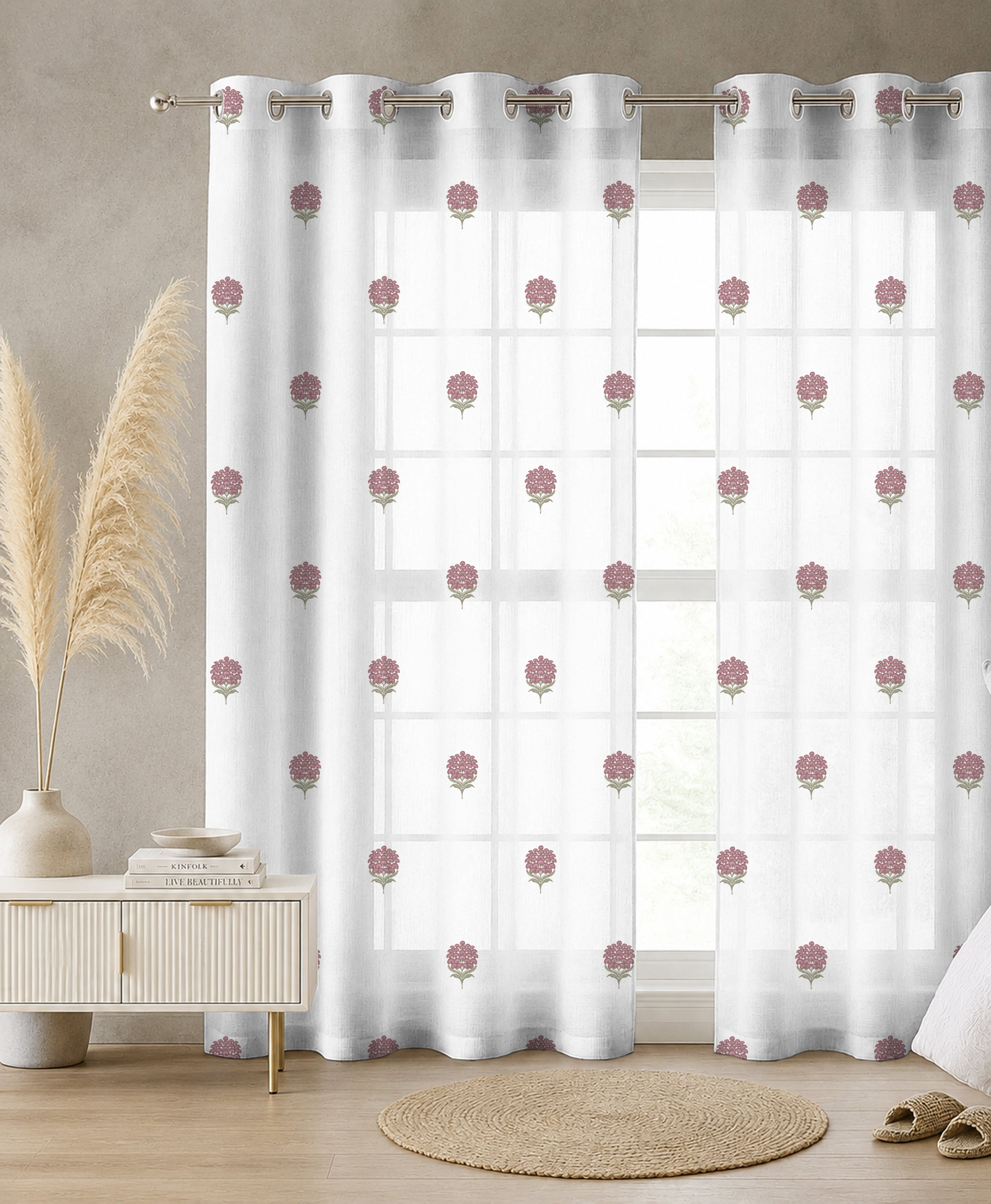 POKHARA DARK PINK LINEN PRINTED SHEER CURTAIN