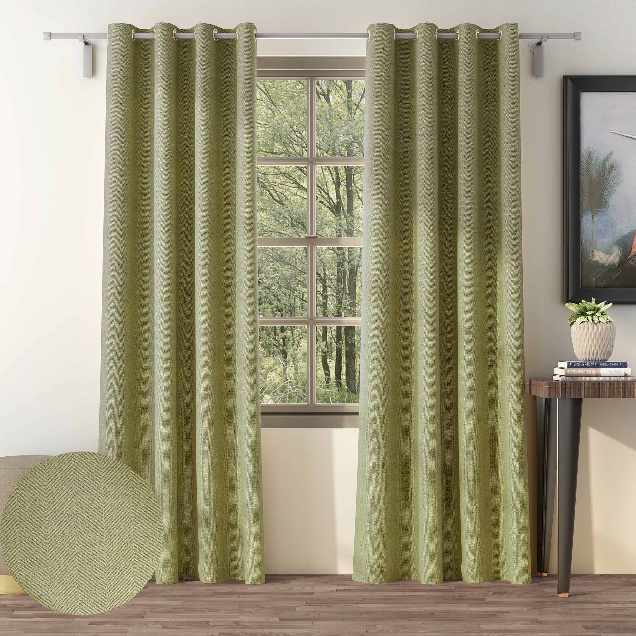 HERRINGBONE L GREEN PRINTED BLACKOUT CURTAINS