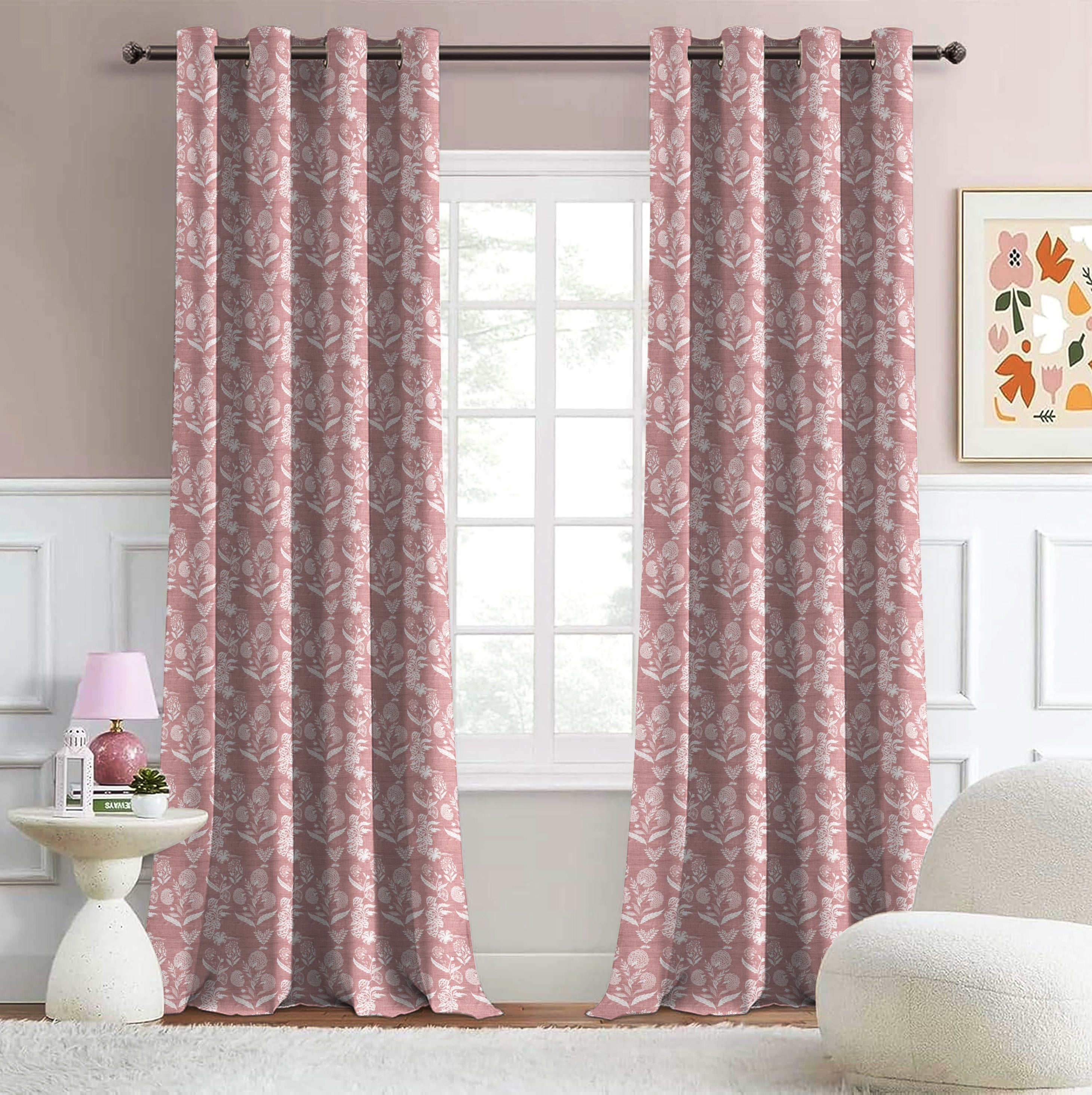 AURELIA MATTY PINK PRINTED ROOM DARKENER/100% BLACKOUT CURTAIN
