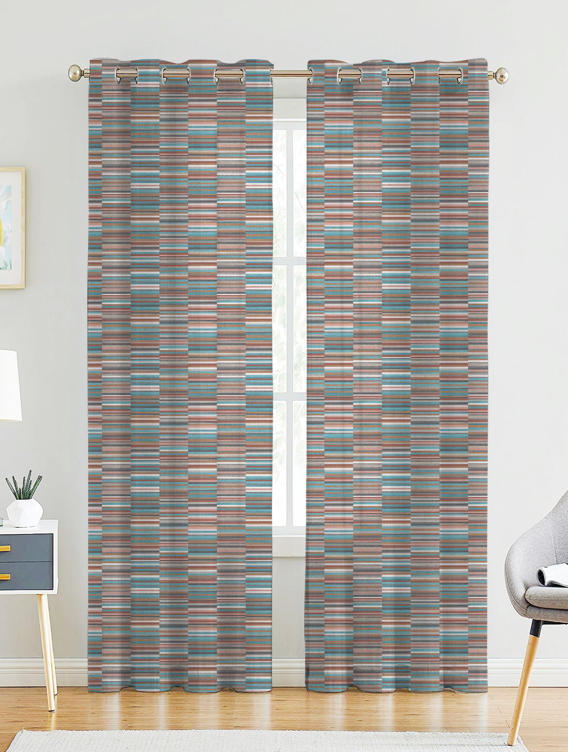 ILLUSION DASH LINEN PRINTED SHEER CURTAIN BLUE/CAMEL