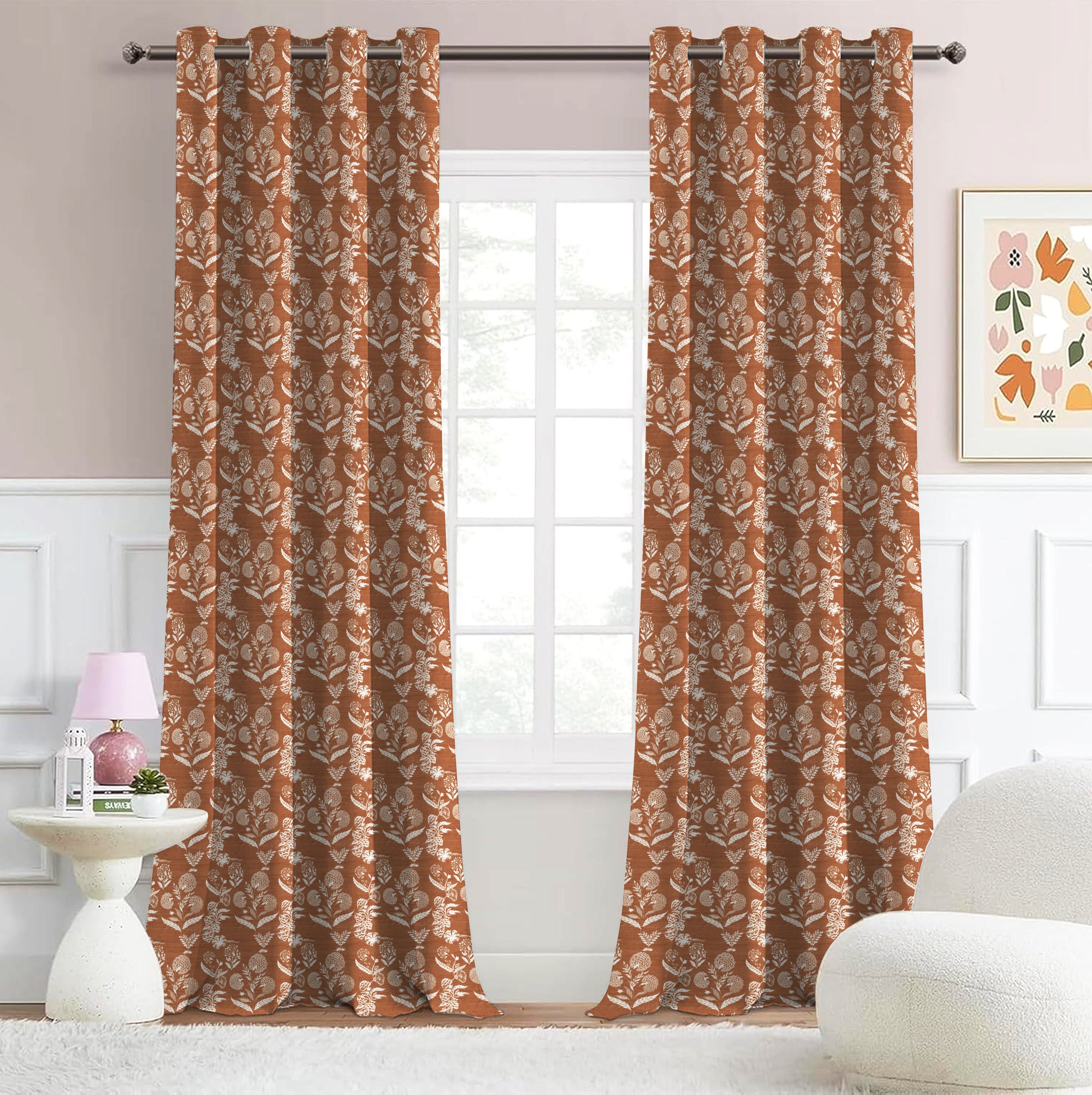 AURELIA MATTY ORANGE PRINTED ROOM DARKENER/100% BLACKOUT CURTAIN