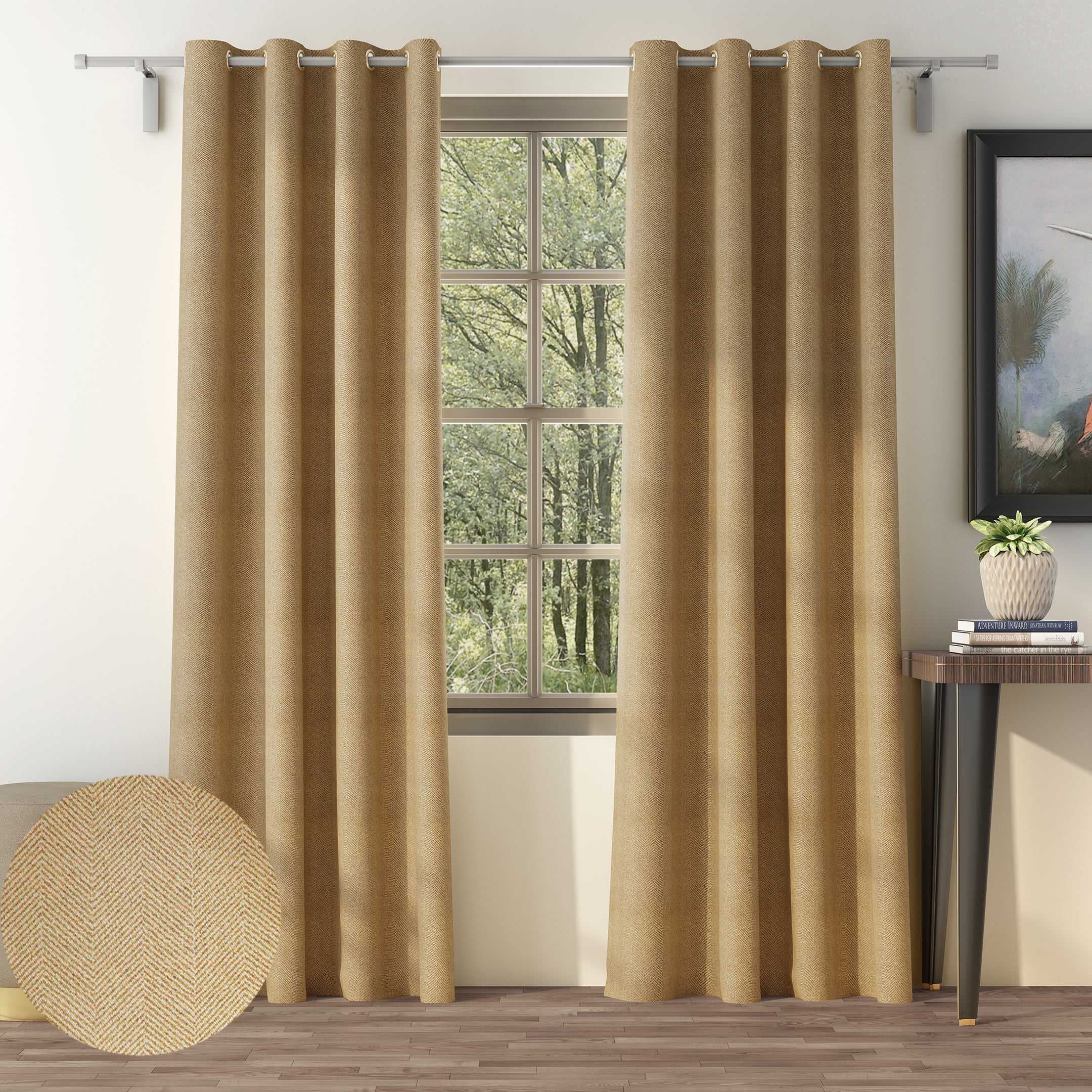 HERRINGBONE MUSTARD PRINTED BLACKOUT CURTAINS