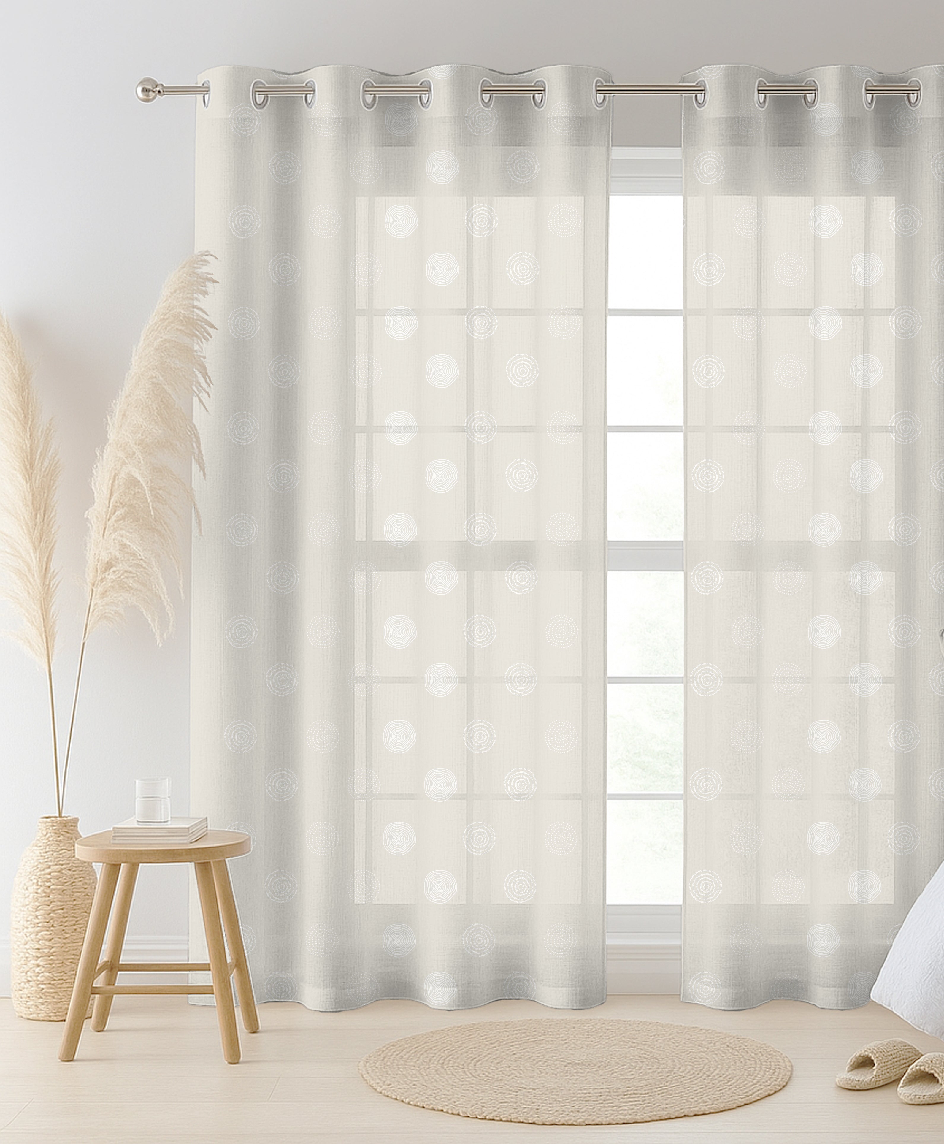 CIRCLE BEIGE LINEN PRINTED SHEER CURTAIN