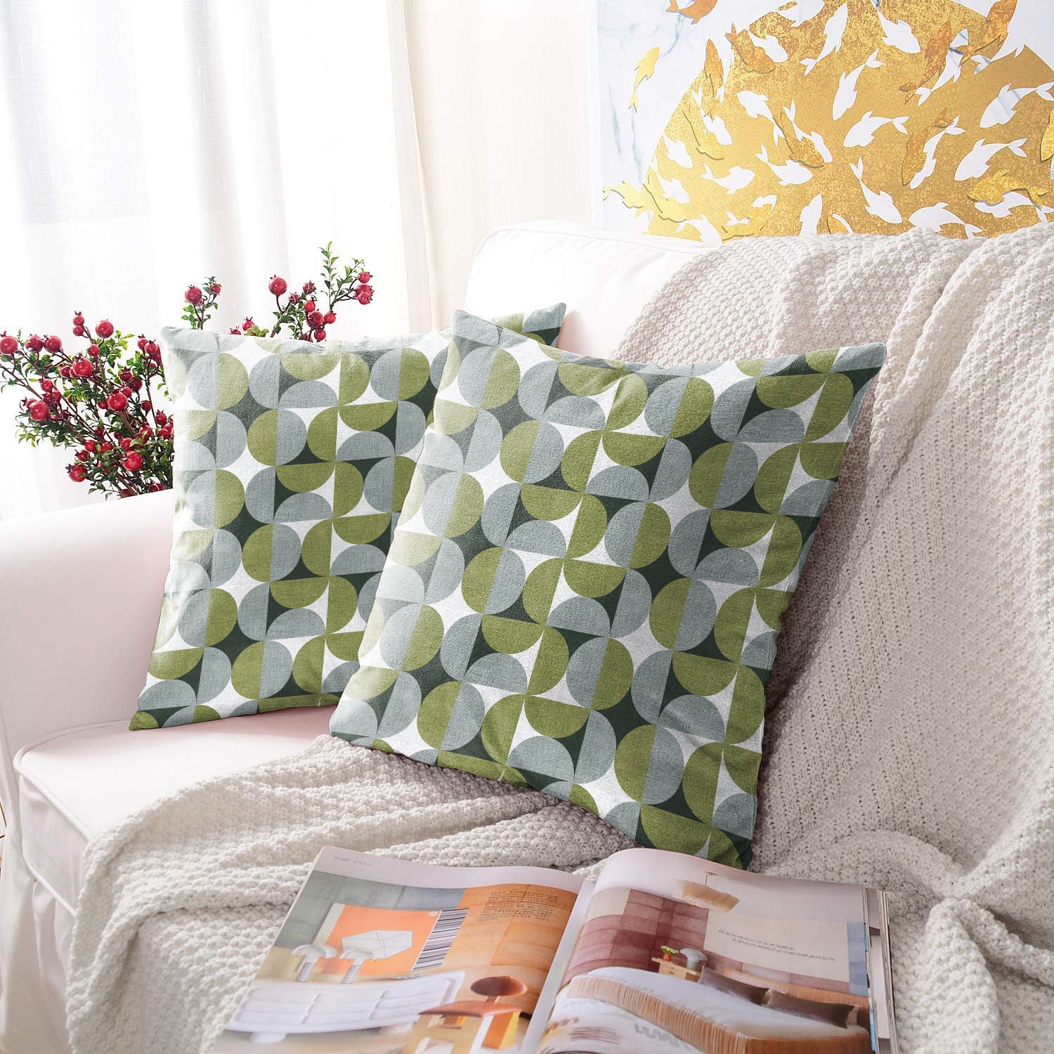 ILLUSION CIRCLE DIGITAL PRINTED CUSHION COVER OLIVE/GREY (Pack of 2)