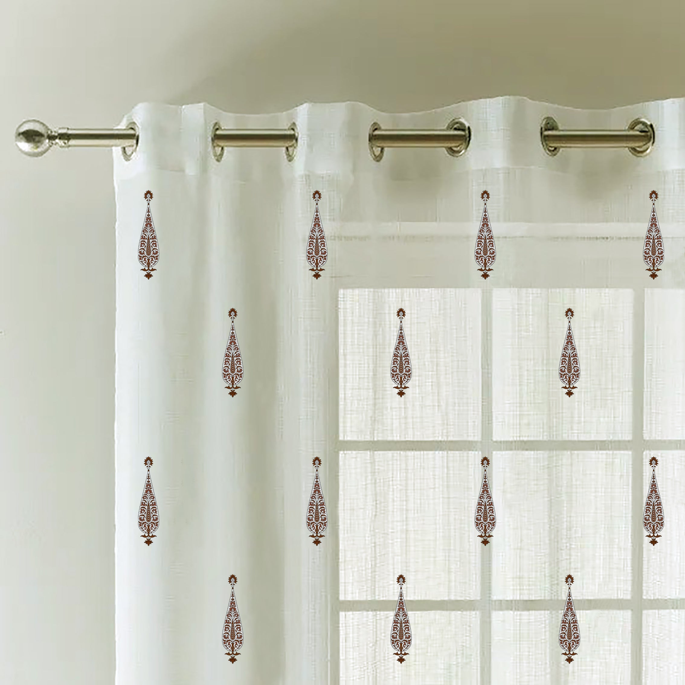 SEVILLE WHITE & BROWN PRINTED SHEER CURTAIN