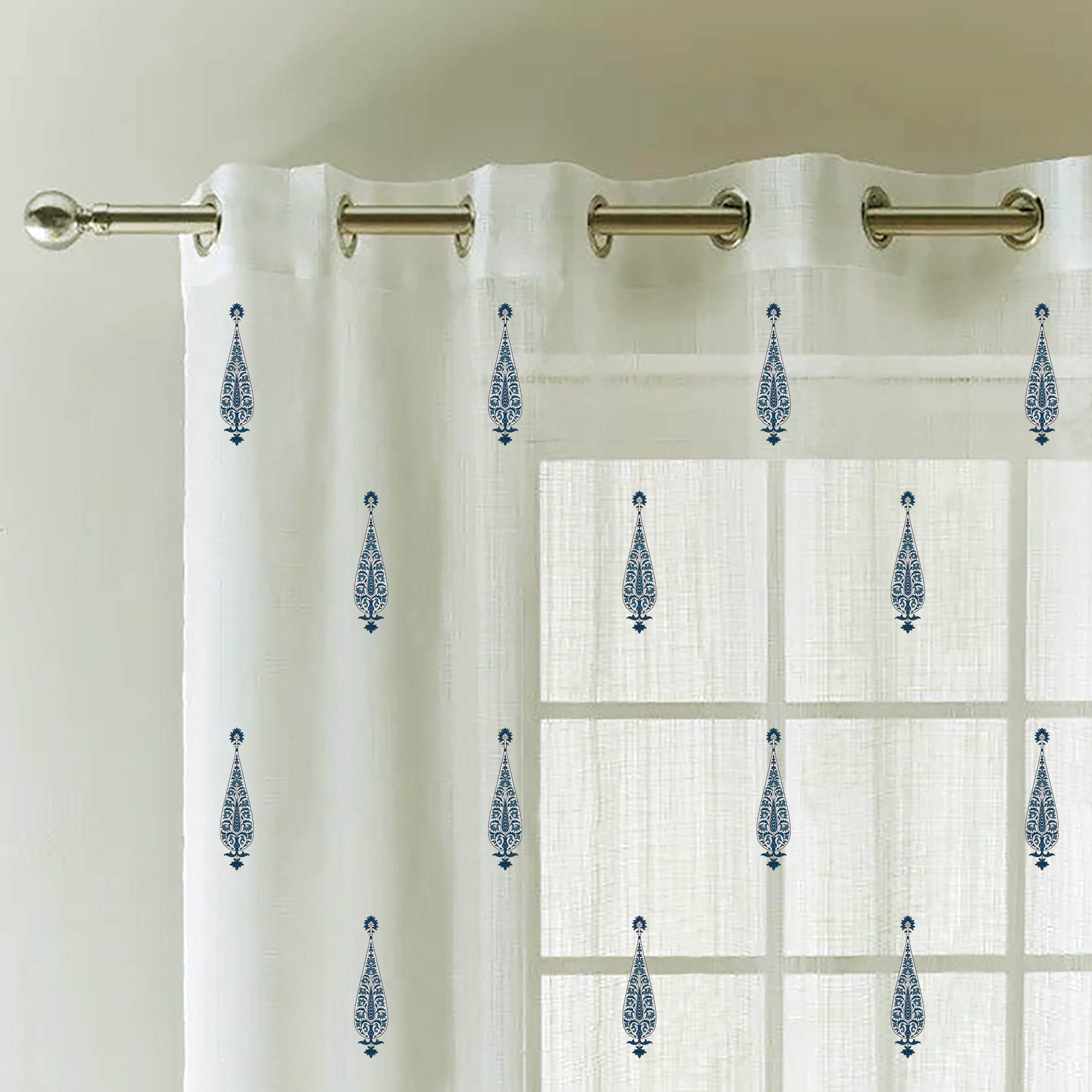 SEVILLE WHITE & BLUE PRINTED SHEER CURTAIN