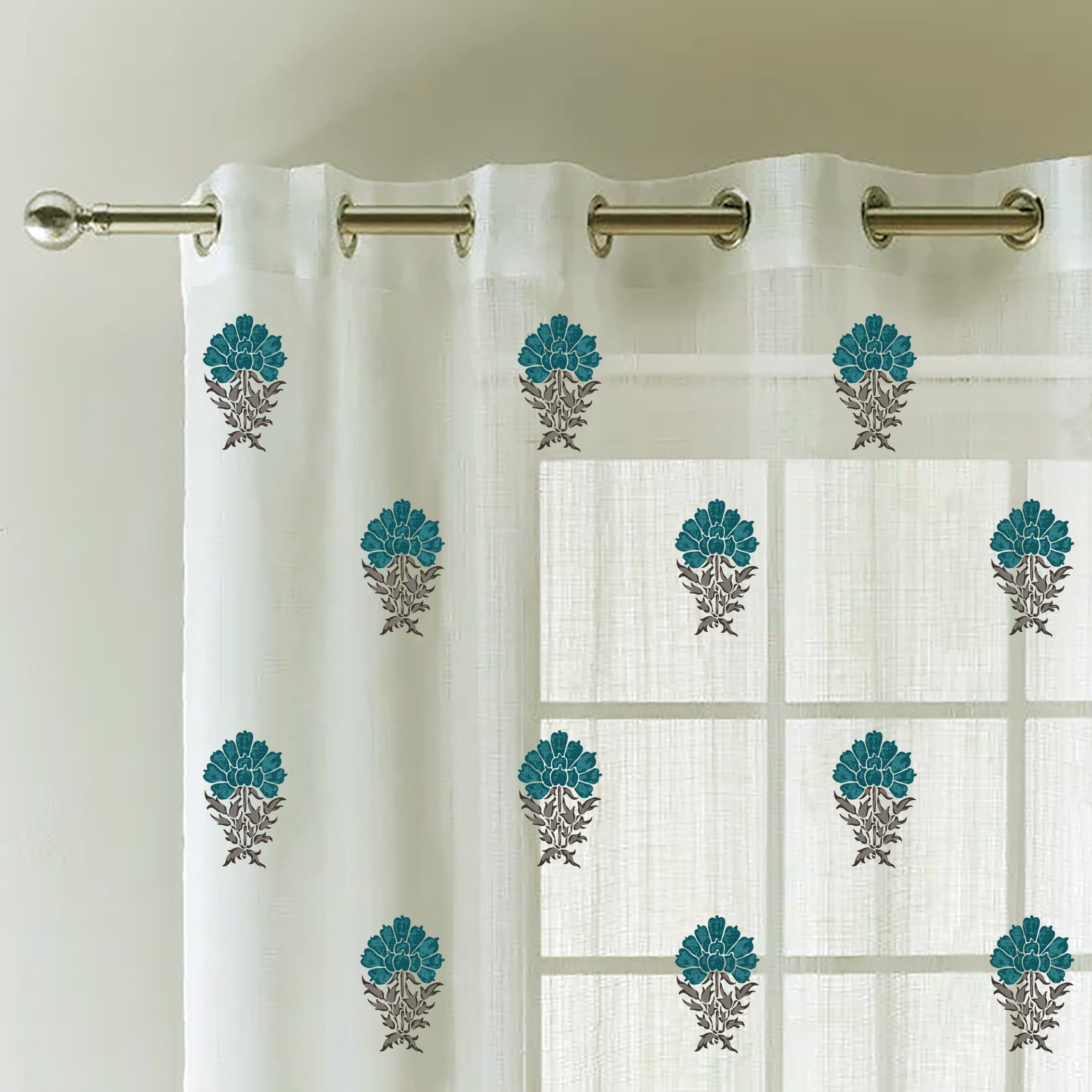 OAK TEAL PRINTED SHEER CURTAIN