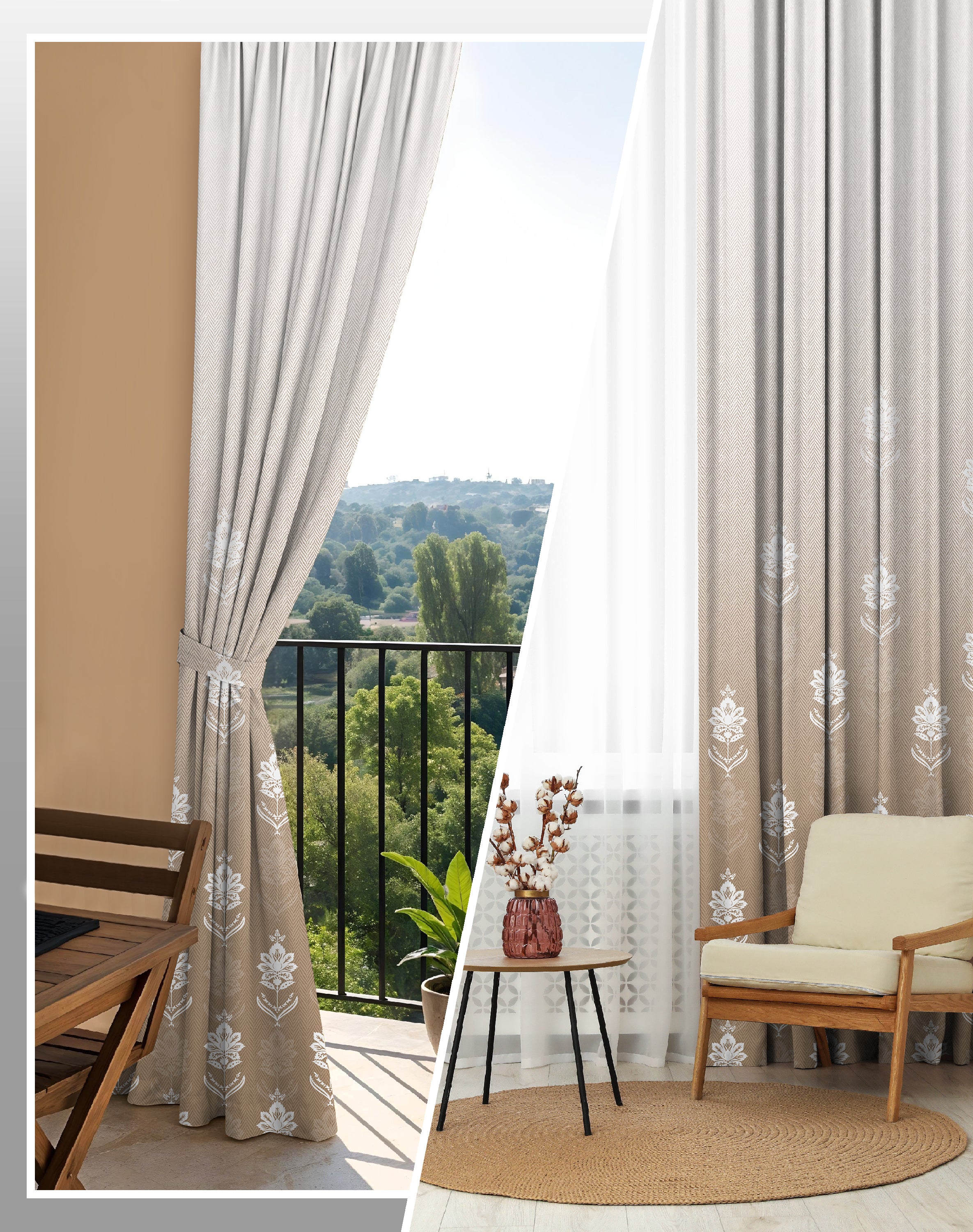 NAYRA NATURAL BEIGE PRINTED ROOM DARKENING CURTAIN
