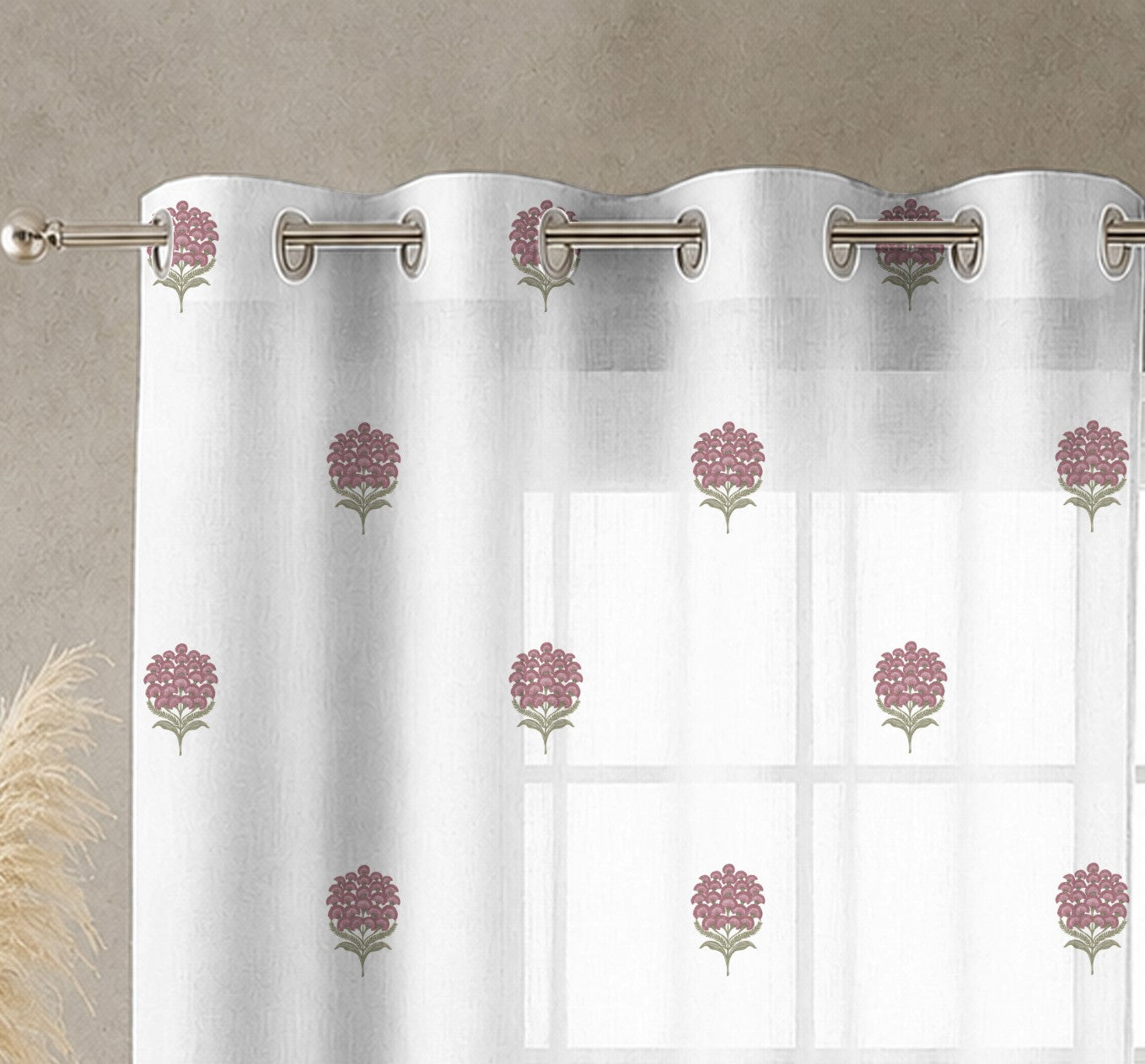 POKHARA DARK PINK LINEN PRINTED SHEER CURTAIN