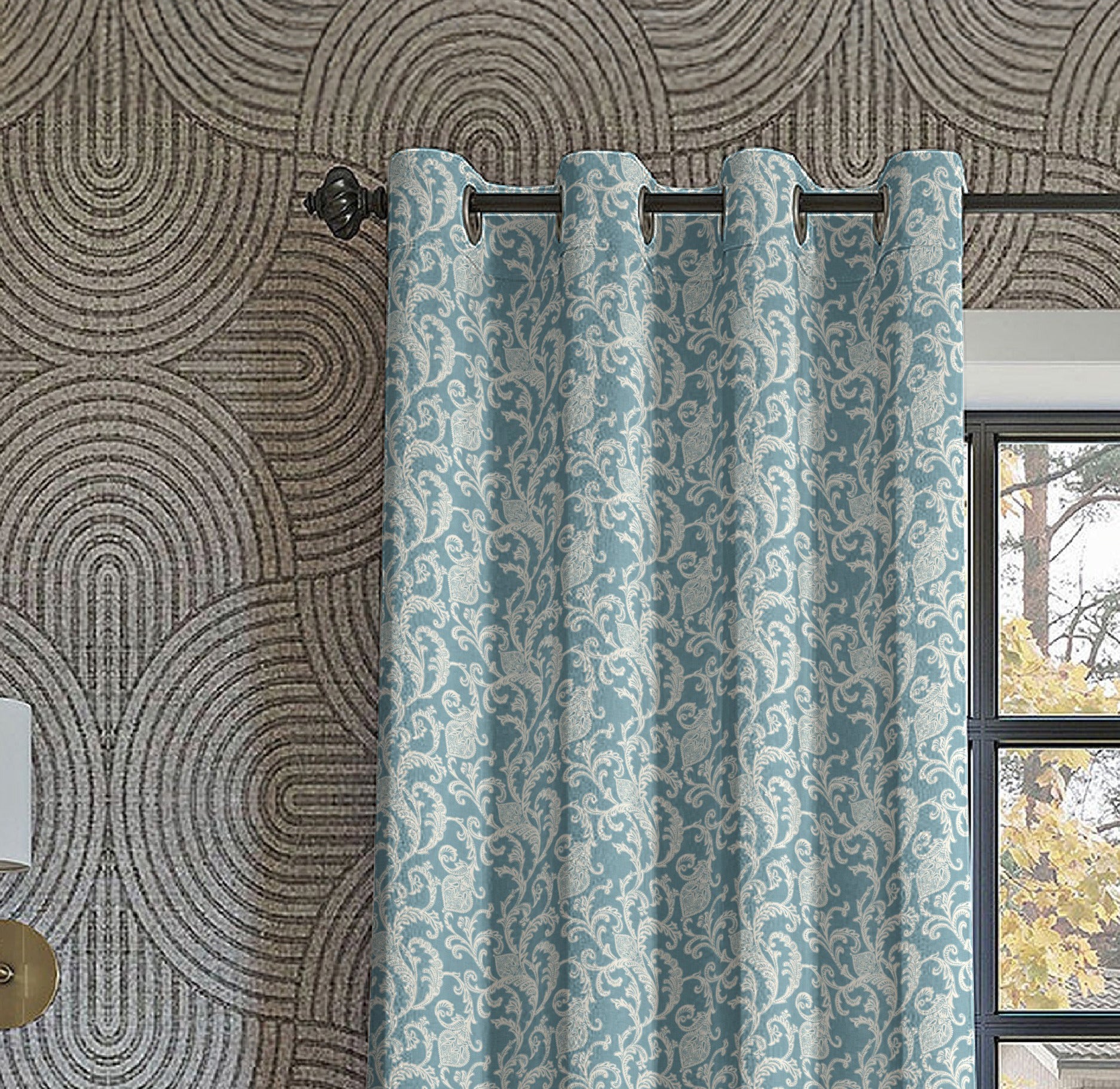 KOCHIN MATTY TEAL PRINTED ROOM DARKENER/100% BLACKOUT CURTAIN