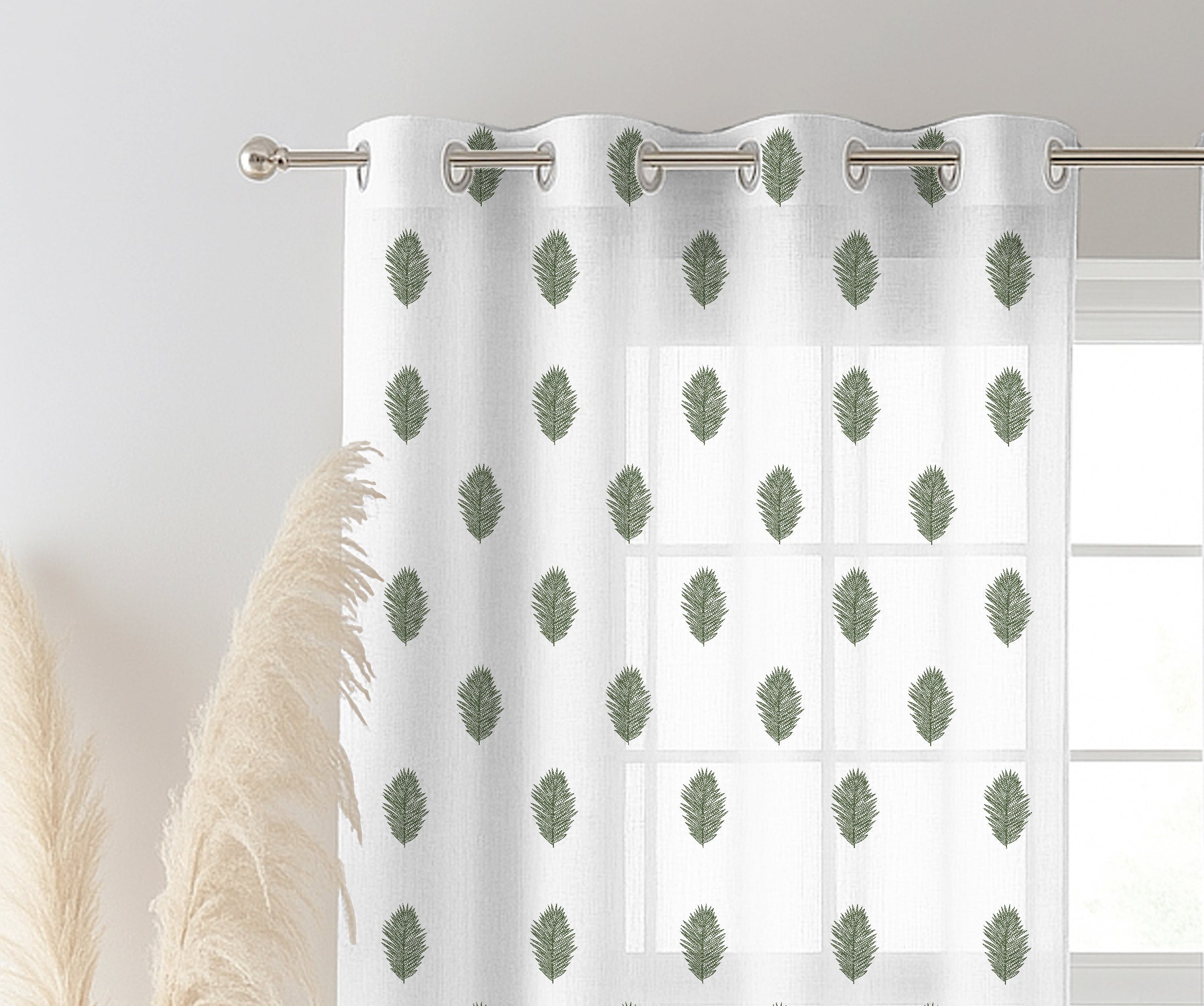 TREE GREEN LINEN PRINTED SHEER CURTAIN