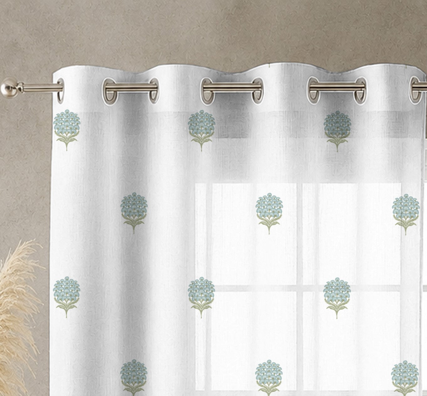 POKHARA GREEN LINEN PRINTED SHEER CURTAIN